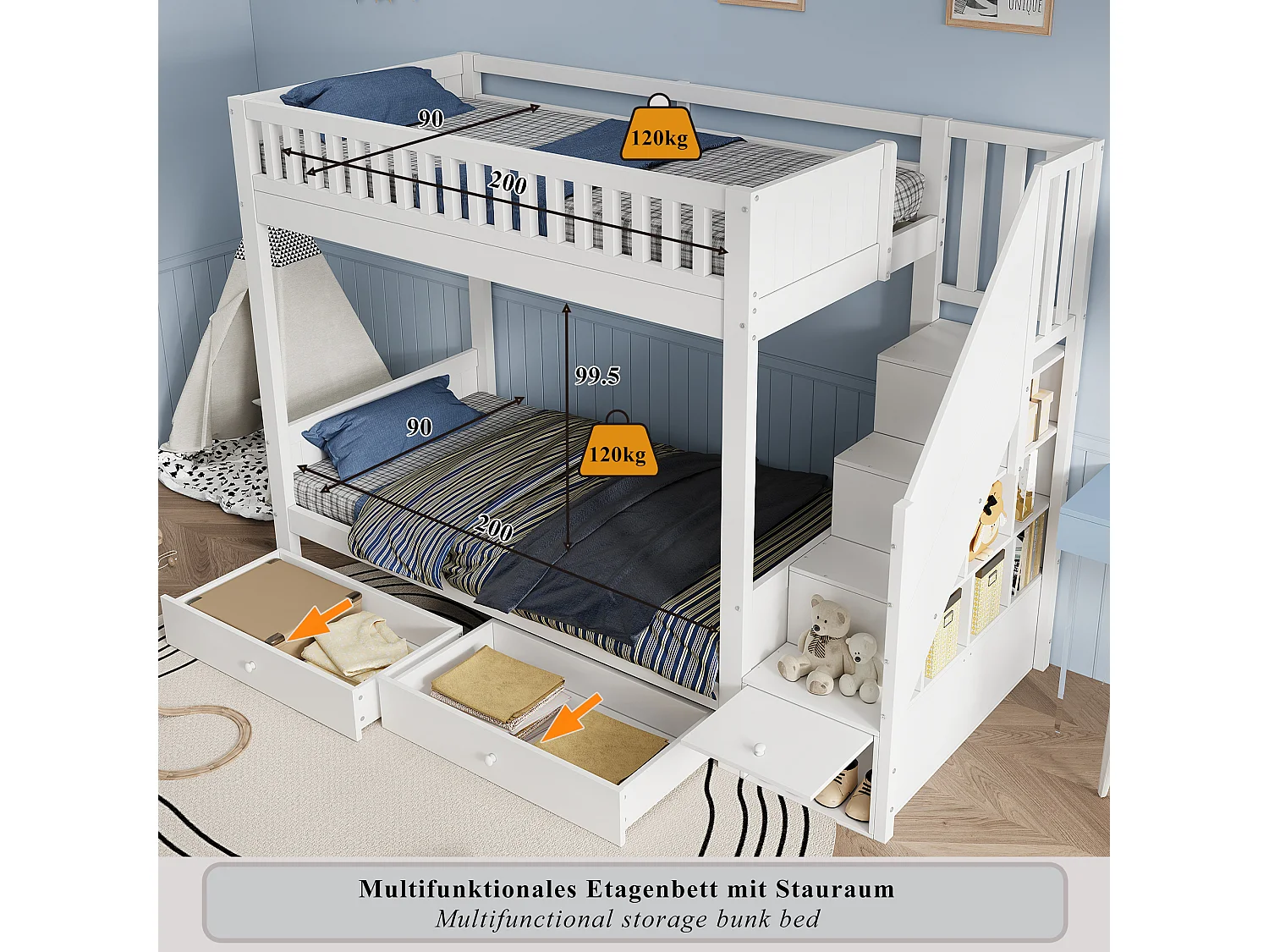 Lit superposé 2 x 90 x 200 cm avec escalier de rangement, 2 tiroirs et barrières - Bois - Blanc (sans matelas)