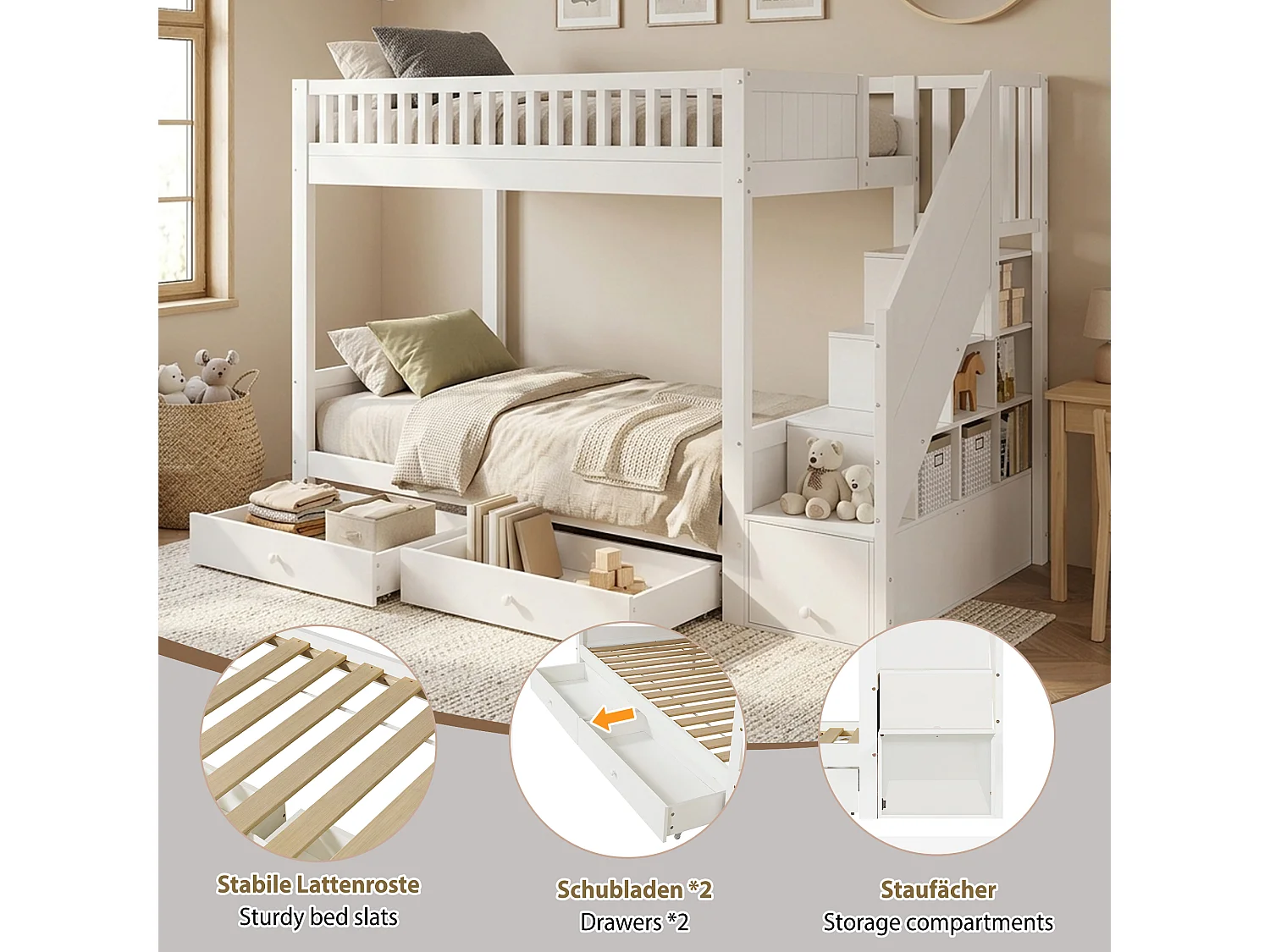 Lit superposé 2 x 90 x 200 cm avec escalier de rangement, 2 tiroirs et barrières - Bois - Blanc (sans matelas)
