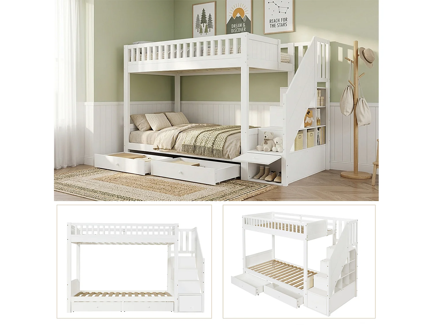 Lit superposé 2 x 90 x 200 cm avec escalier de rangement, 2 tiroirs et barrières - Bois - Blanc (sans matelas)
