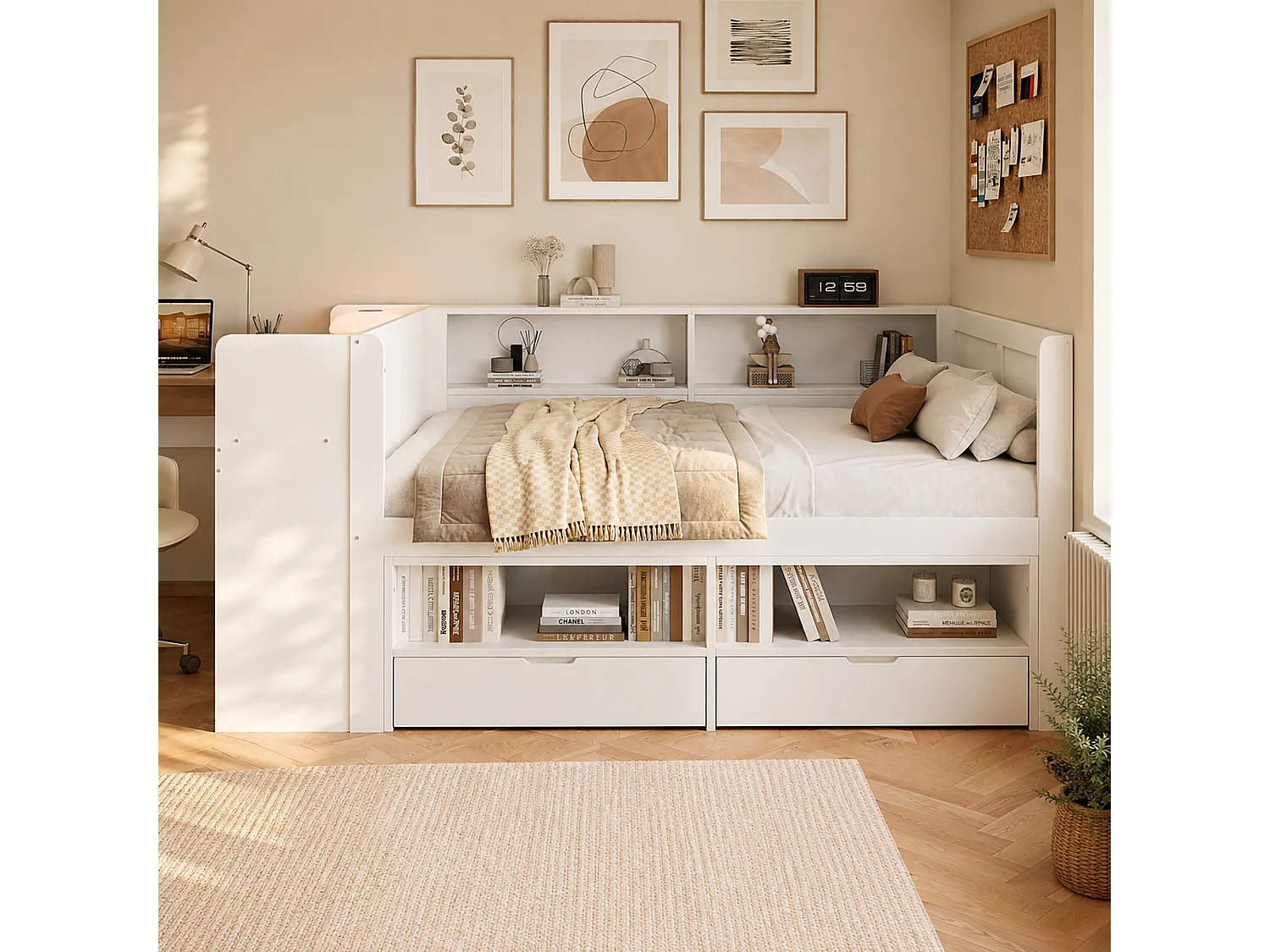 Letto 120 x 200 cm con scrivania integrata, armadio, 2 cassetti e ripiani a giorno - Pino e MDF - Bianco (materasso non incluso)
