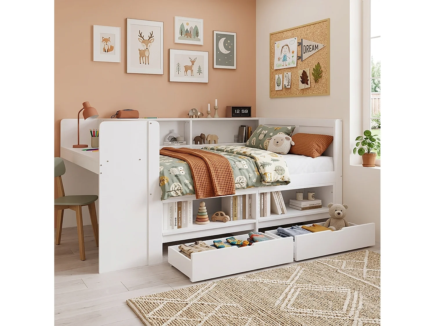 Letto 120 x 200 cm con scrivania integrata, armadio, 2 cassetti e ripiani a giorno - Pino e MDF - Bianco (materasso non incluso)