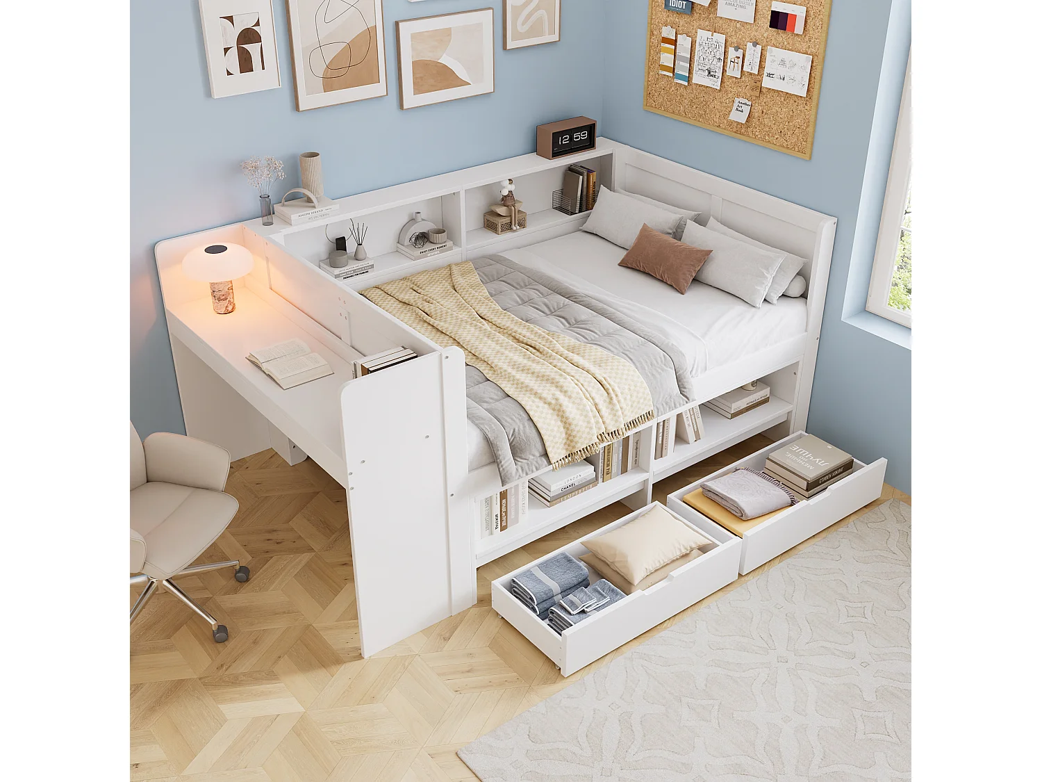 Letto 120 x 200 cm con scrivania integrata, armadio, 2 cassetti e ripiani a giorno - Pino e MDF - Bianco (materasso non incluso)