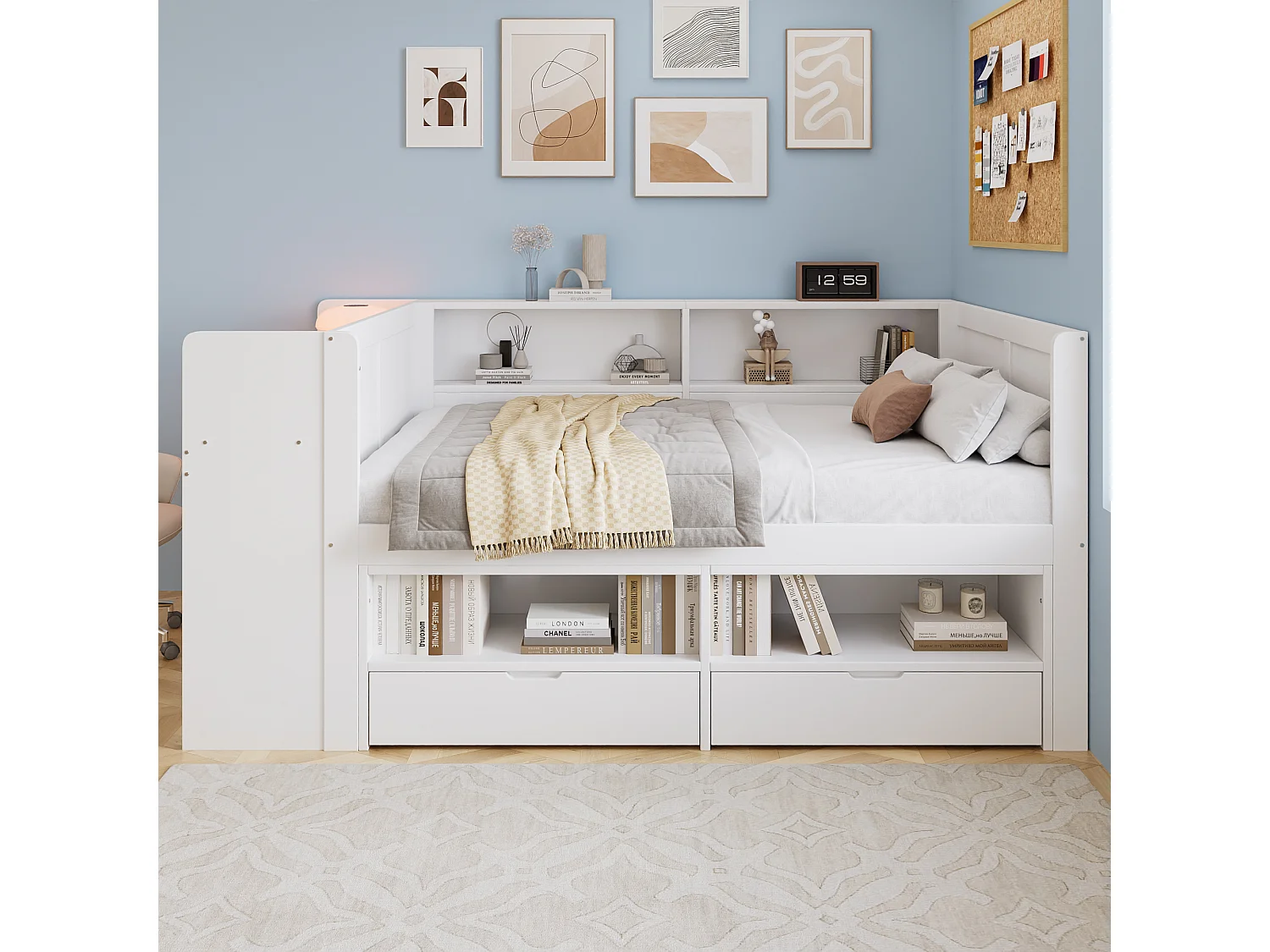 Letto 120 x 200 cm con scrivania integrata, armadio, 2 cassetti e ripiani a giorno - Pino e MDF - Bianco (materasso non incluso)