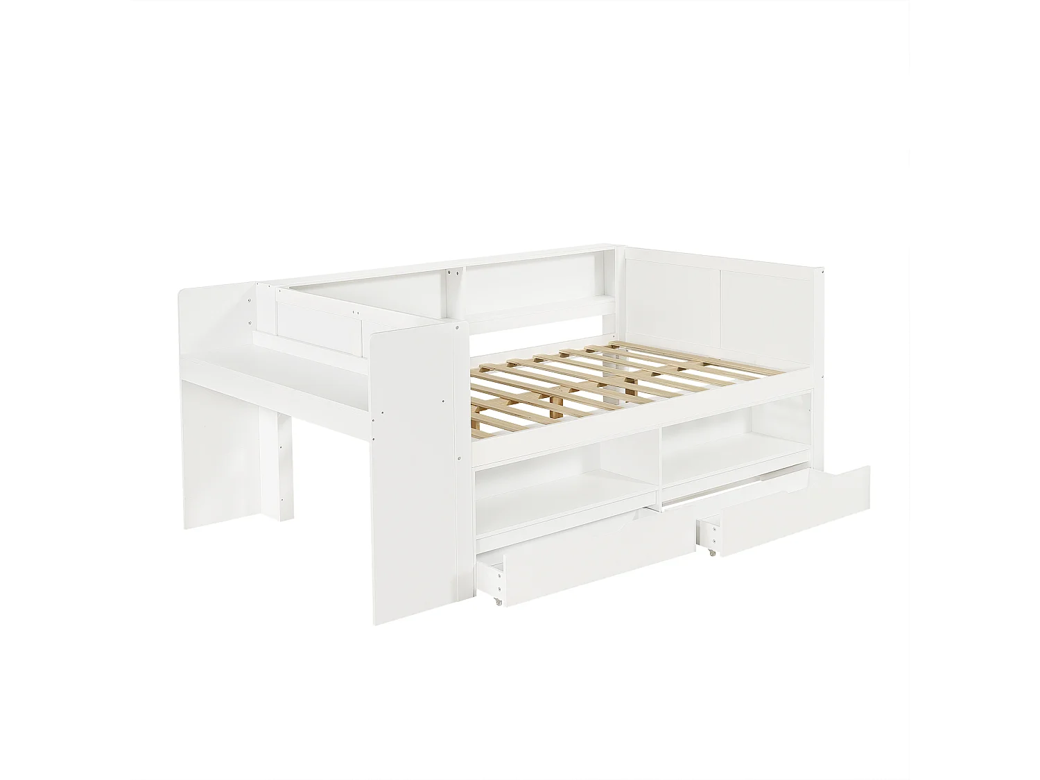 Letto 120 x 200 cm con scrivania integrata, armadio, 2 cassetti e ripiani a giorno - Pino e MDF - Bianco (materasso non incluso)