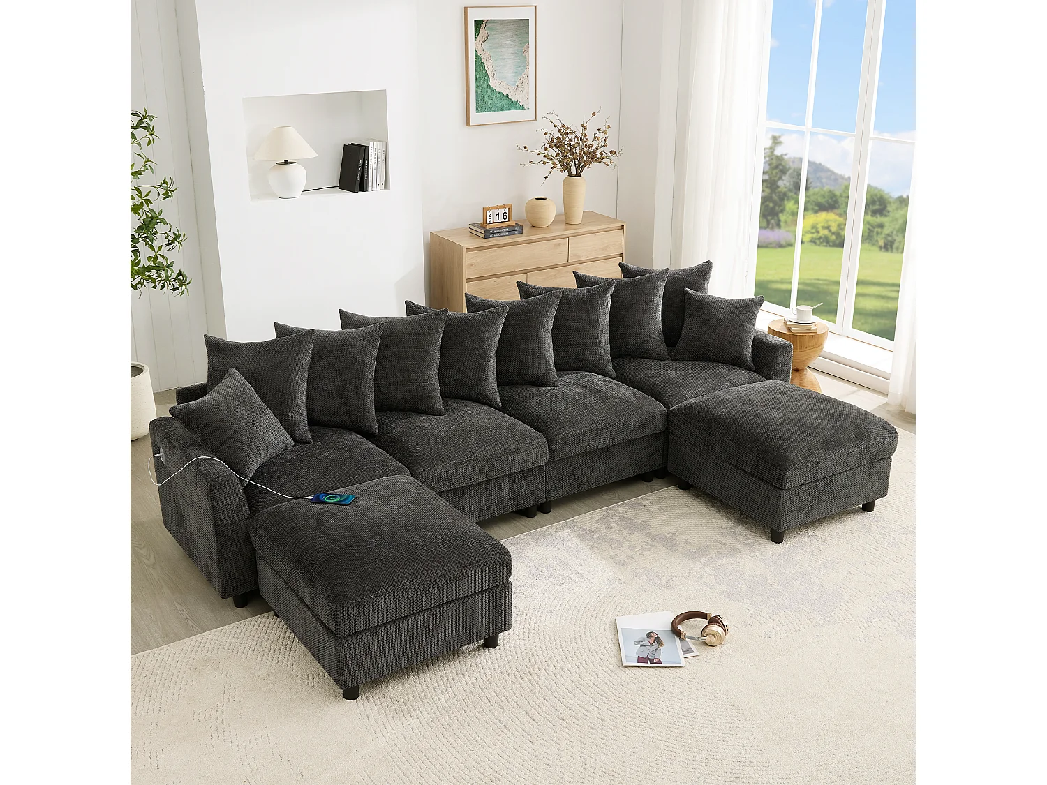 Canapé d'angle modulable 6 places avec 2 poufs, 10 coussins et USB/Type-C - Chenille - 283 x 153,5 x 78,5 cm - Gris