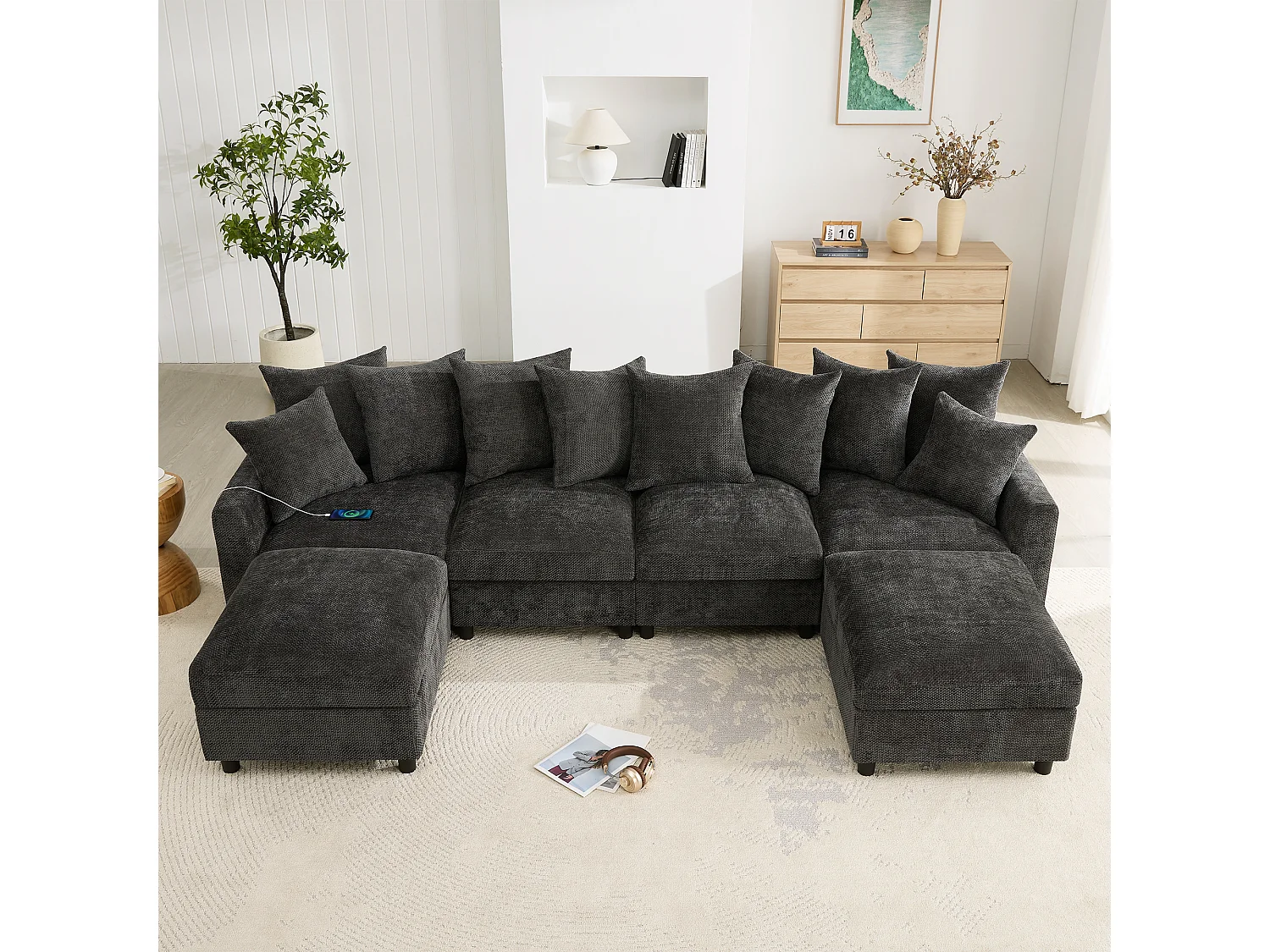 Canapé d'angle modulable 6 places avec 2 poufs, 10 coussins et USB/Type-C - Chenille - 283 x 153,5 x 78,5 cm - Gris