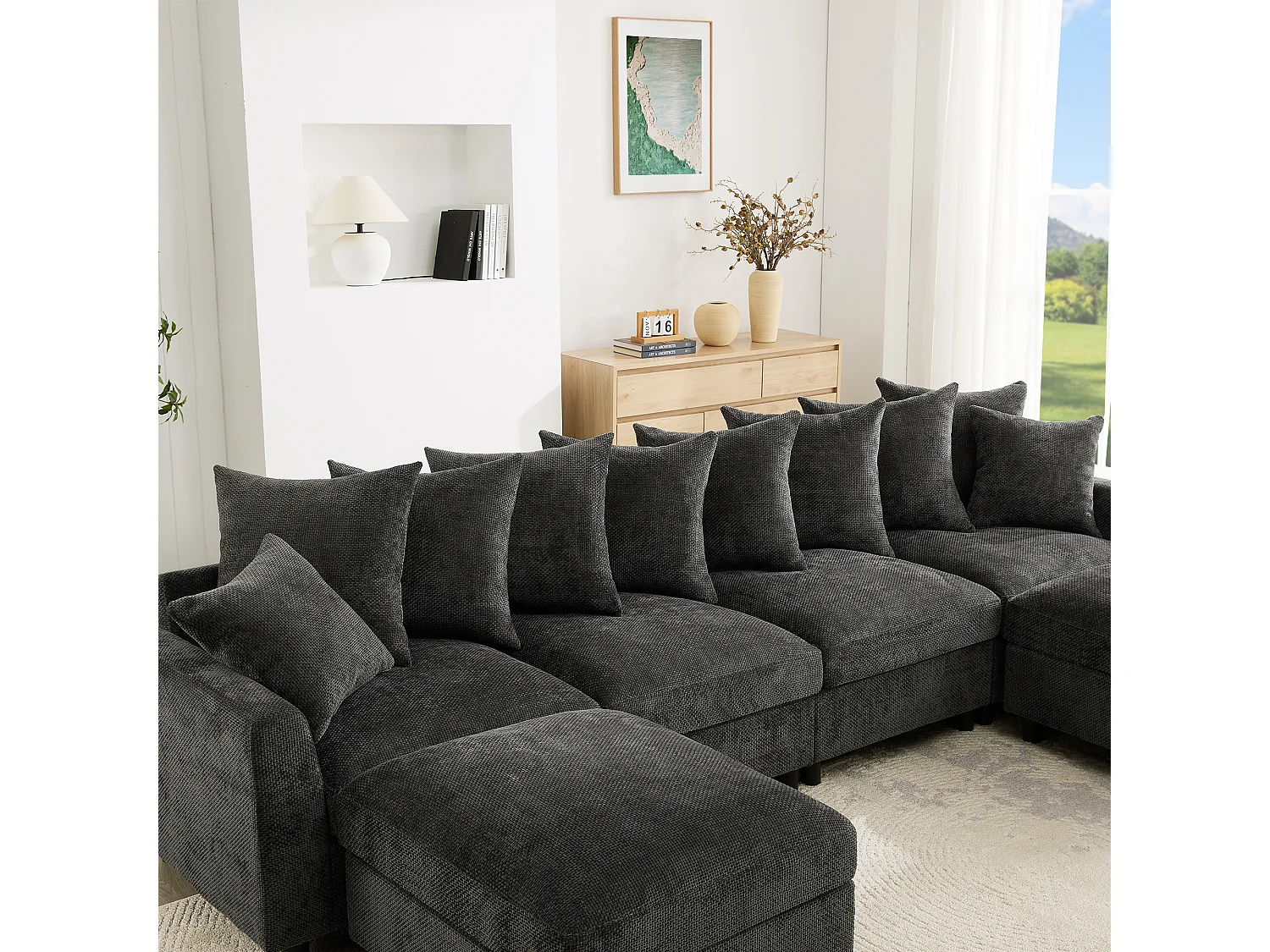 Canapé d'angle modulable 6 places avec 2 poufs, 10 coussins et USB/Type-C - Chenille - 283 x 153,5 x 78,5 cm - Gris