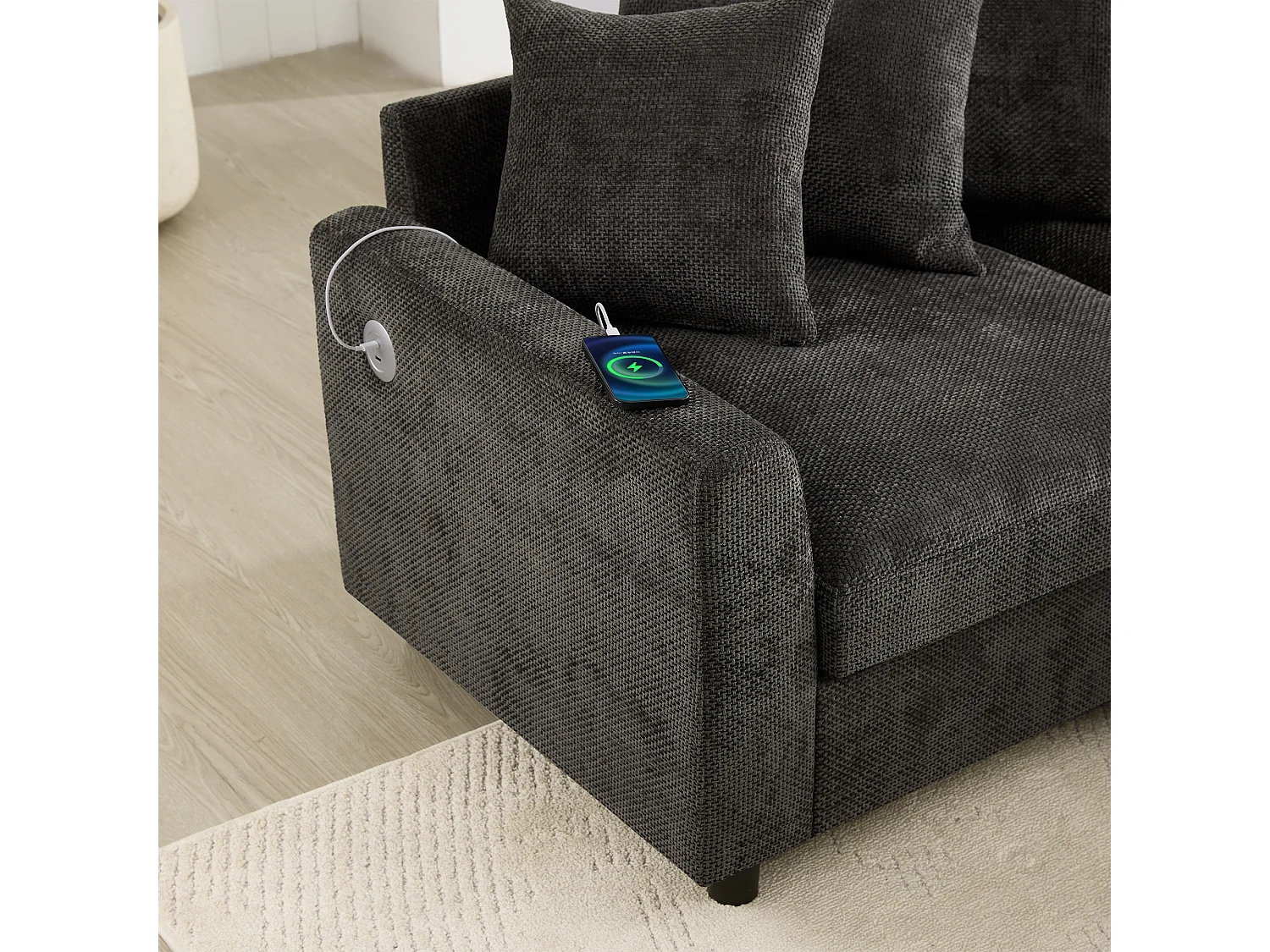 Canapé d'angle modulable 6 places avec 2 poufs, 10 coussins et USB/Type-C - Chenille - 283 x 153,5 x 78,5 cm - Gris