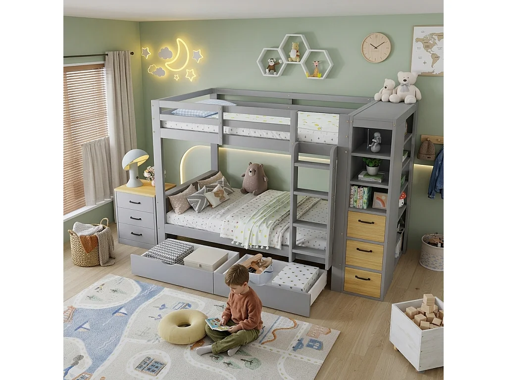 Lit superposé 2 x 90 x 200 cm avec 5 tiroirs, étagères et table de chevet réglable - Pin et MDF - Gris (sans matelas)