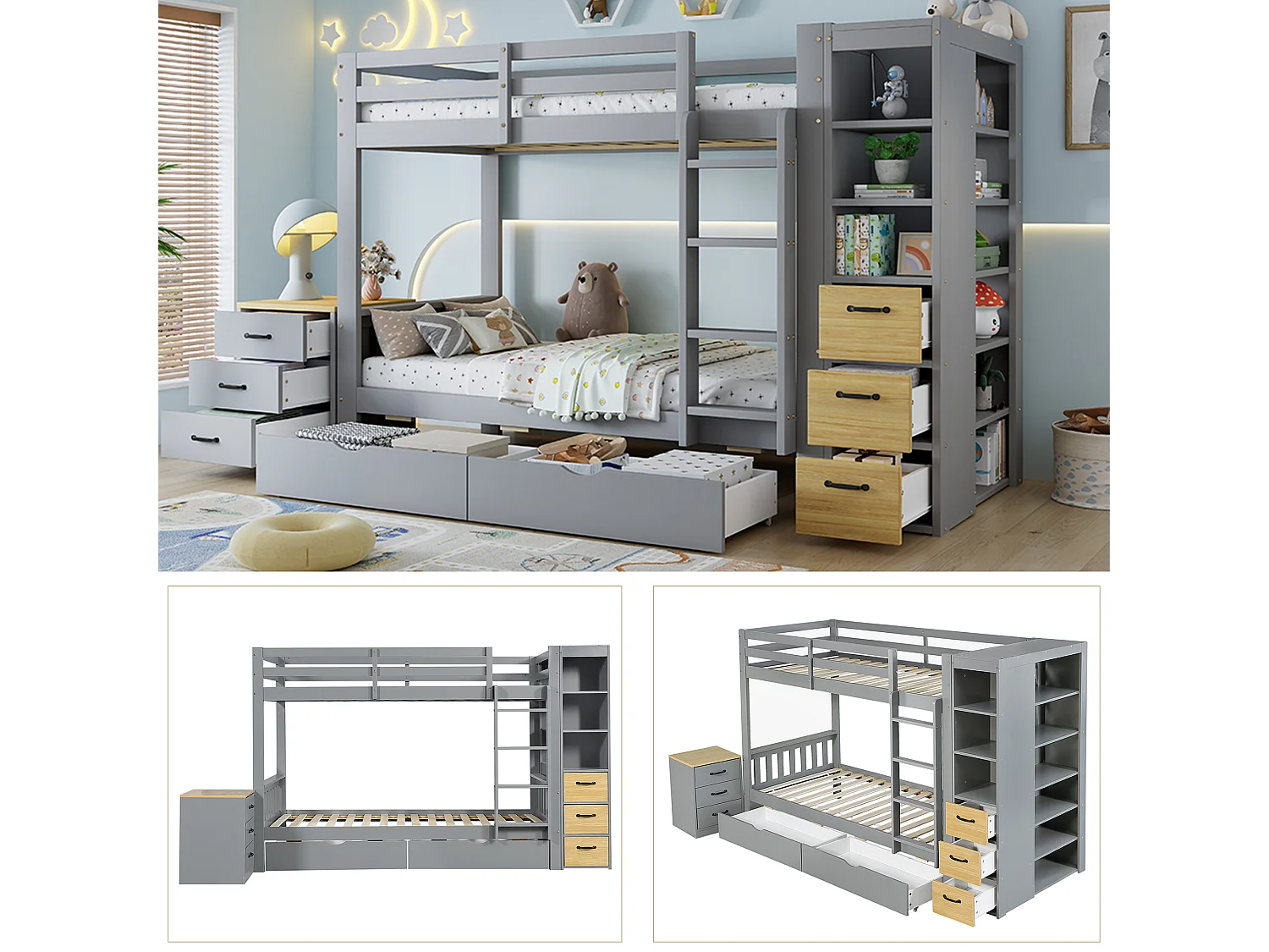 Lit superposé 2 x 90 x 200 cm avec 5 tiroirs, étagères et table de chevet réglable - Pin et MDF - Gris (sans matelas)