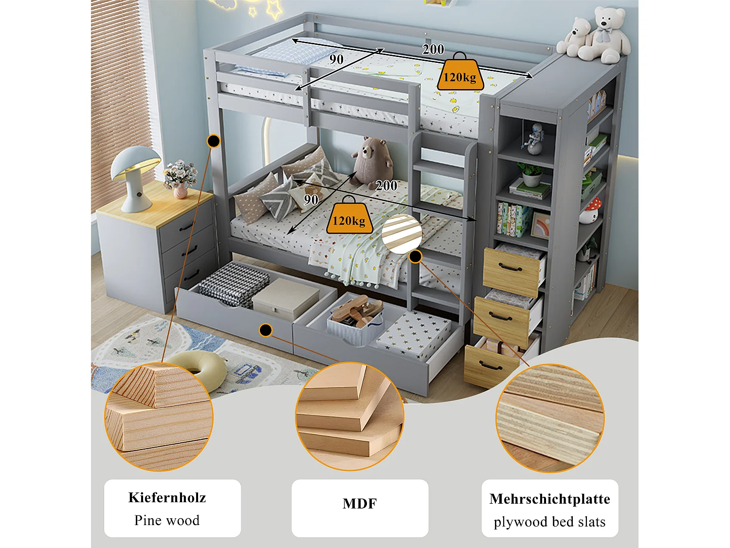 Lit superposé 2 x 90 x 200 cm avec 5 tiroirs, étagères et table de chevet réglable - Pin et MDF - Gris (sans matelas)