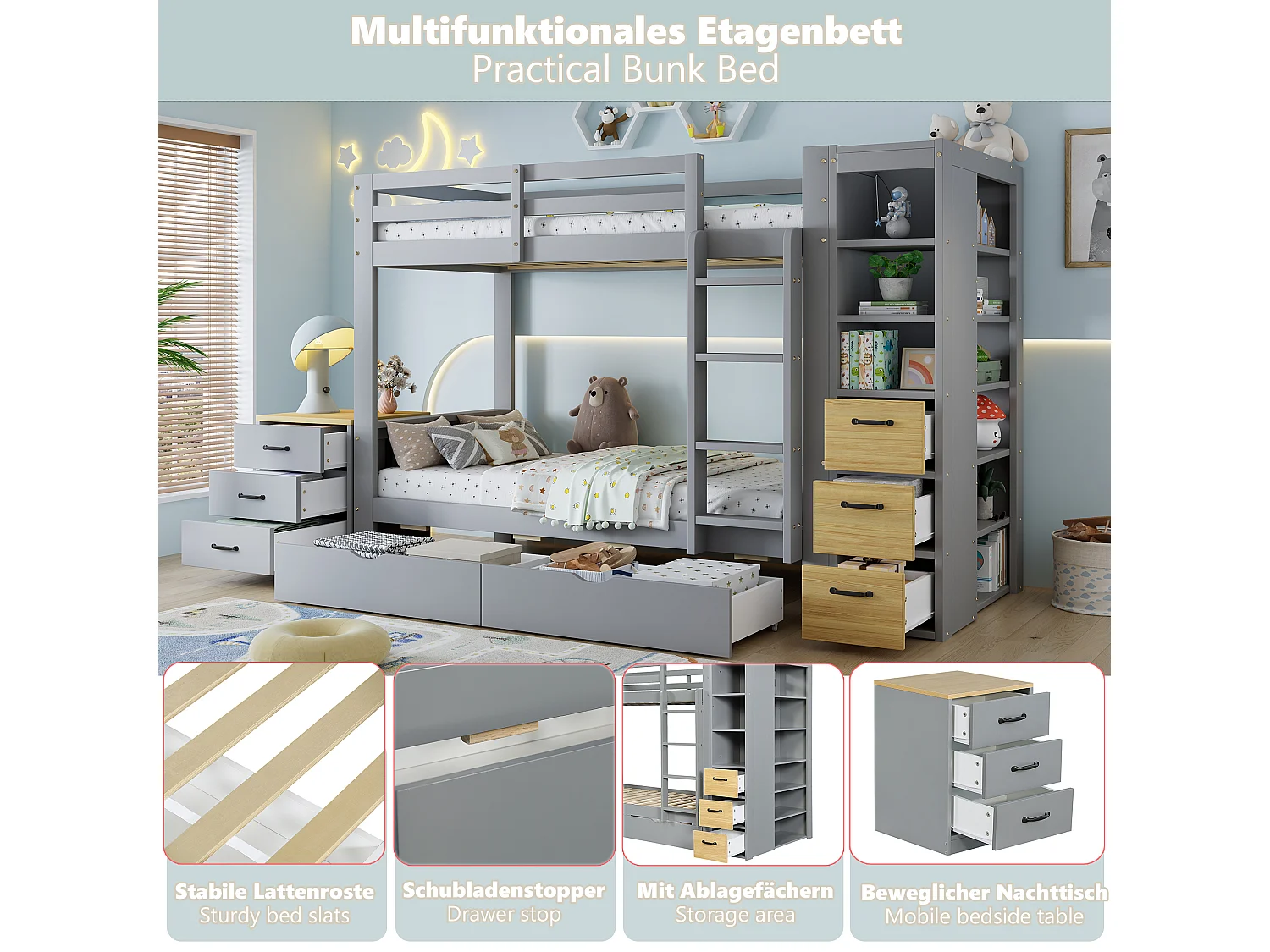Lit superposé 2 x 90 x 200 cm avec 5 tiroirs, étagères et table de chevet réglable - Pin et MDF - Gris (sans matelas)