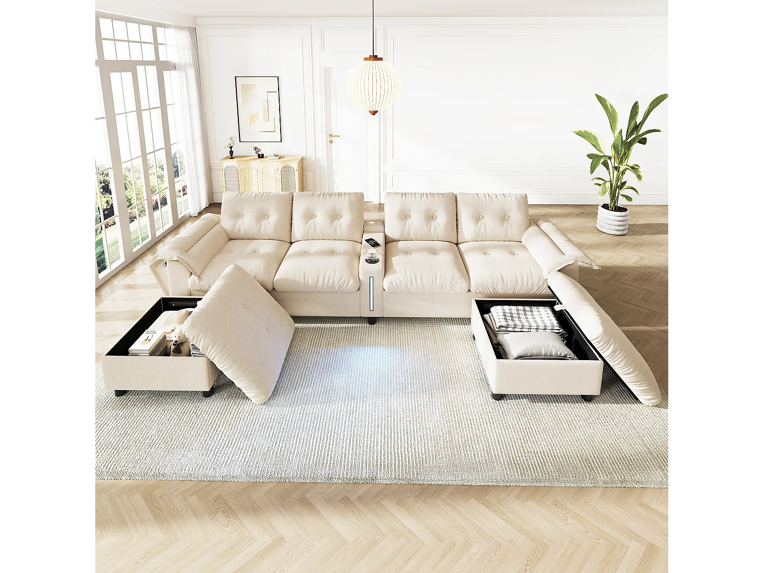 Canapé modulable 6 places avec 2 poufs coffres, console, LED et USB/Type-C - Chenille - 312 x 142 x 82 cm - Beige