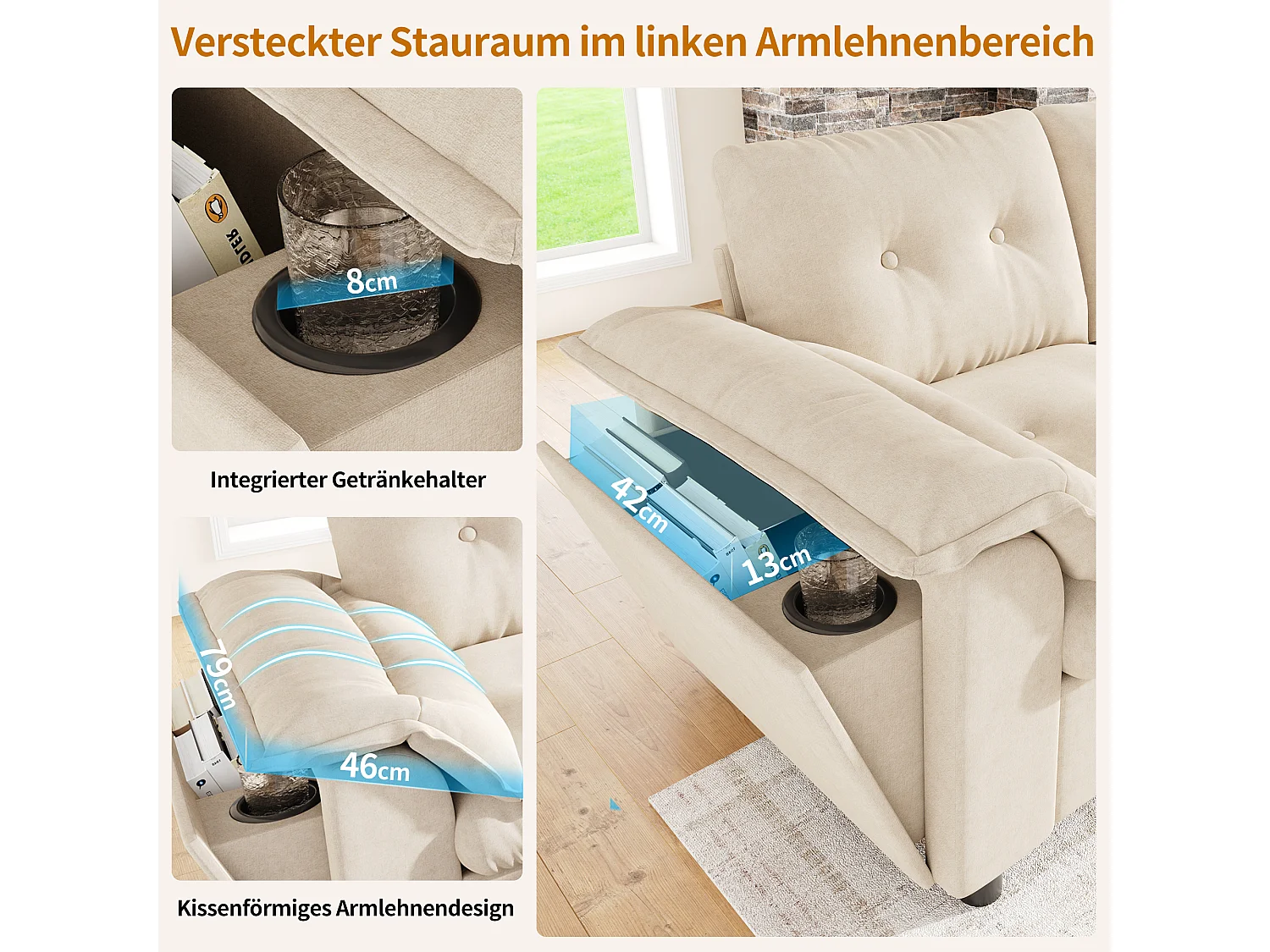 Canapé modulable 6 places avec 2 poufs coffres, console, LED et USB/Type-C - Chenille - 312 x 142 x 82 cm - Beige