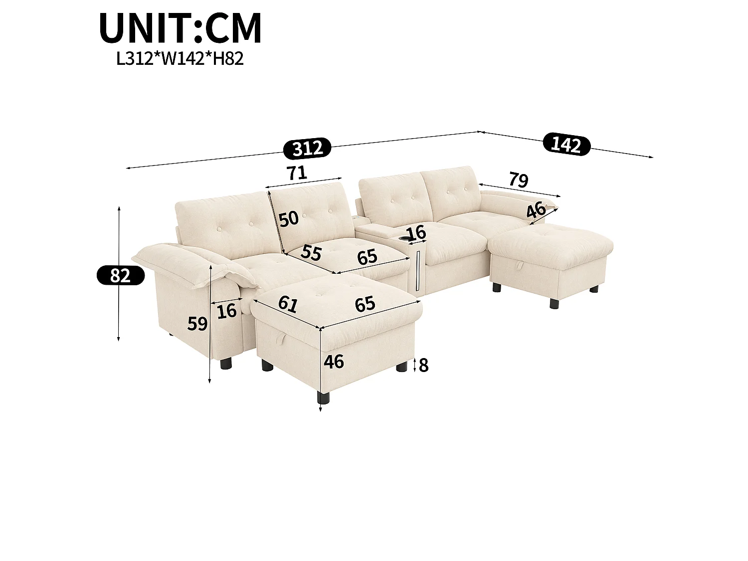 Canapé modulable 6 places avec 2 poufs coffres, console, LED et USB/Type-C - Chenille - 312 x 142 x 82 cm - Beige