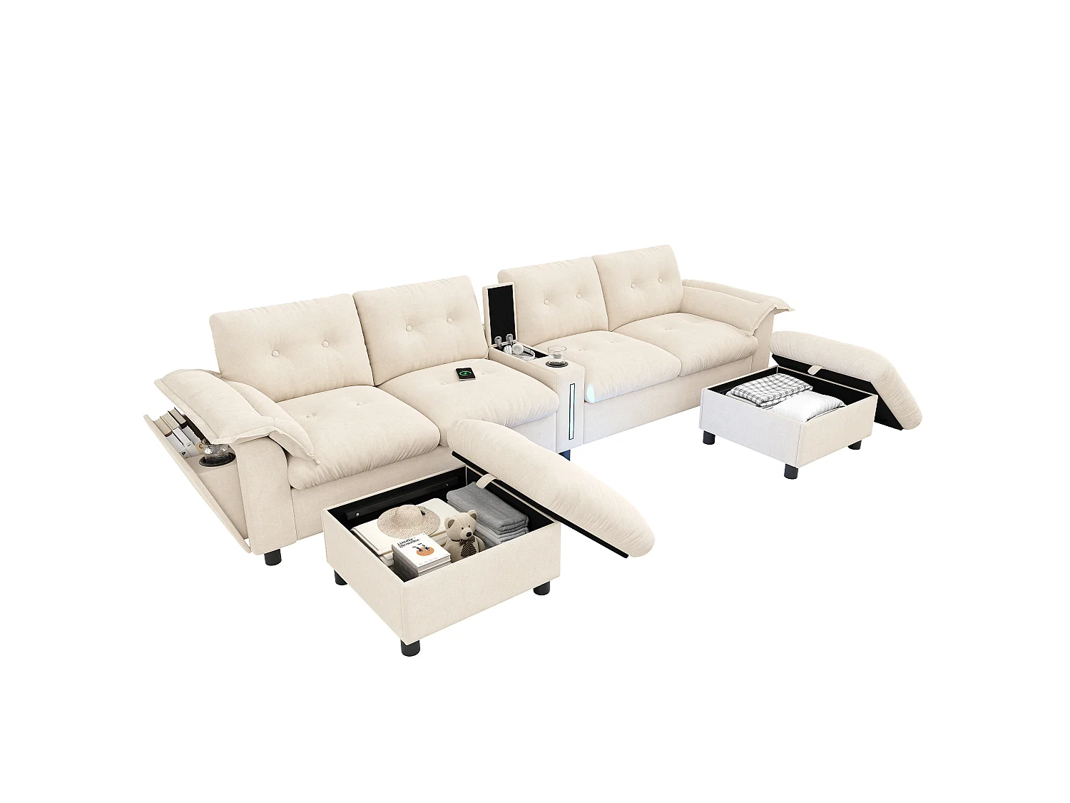 Canapé modulable 6 places avec 2 poufs coffres, console, LED et USB/Type-C - Chenille - 312 x 142 x 82 cm - Beige