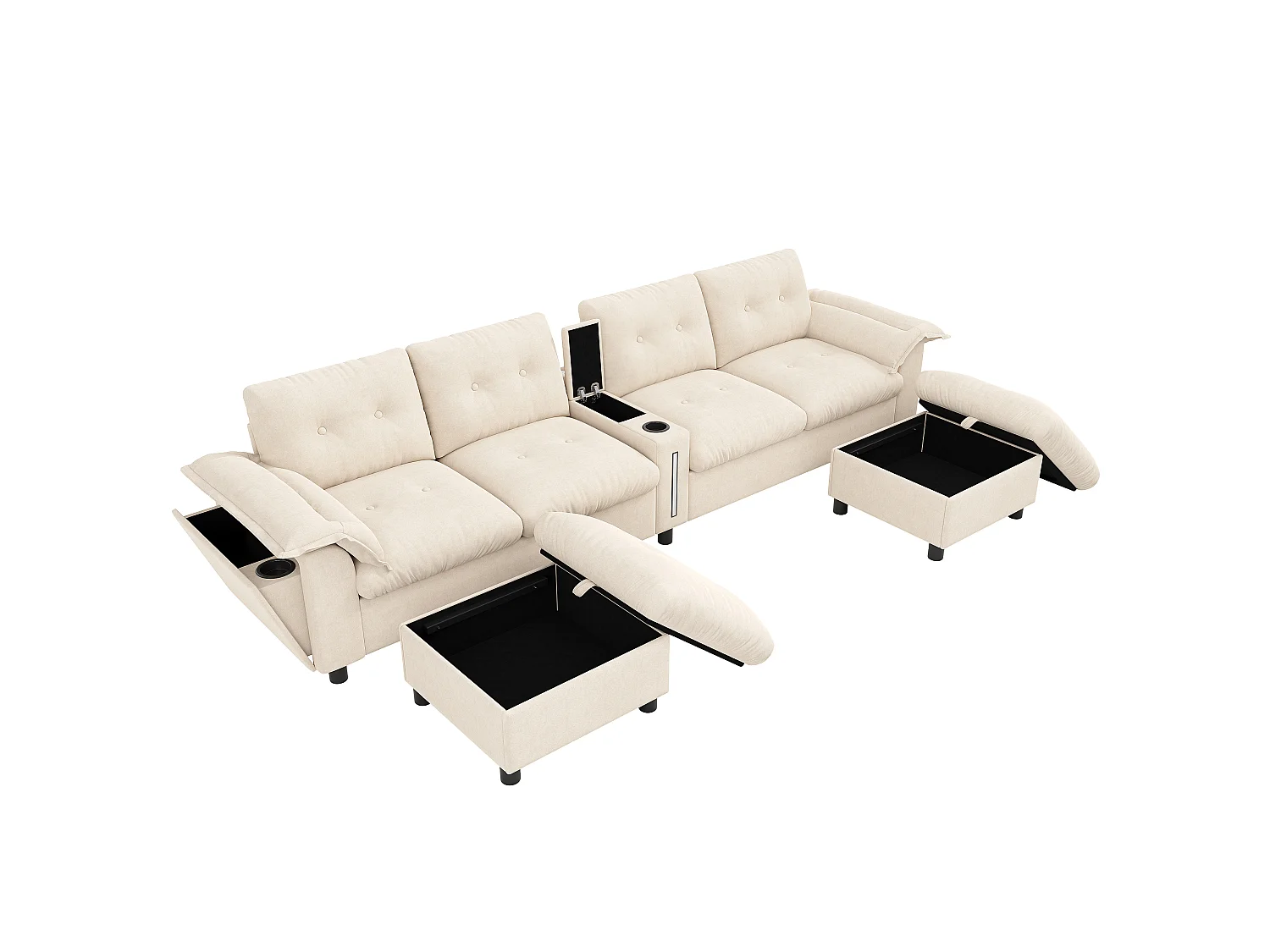 Canapé modulable 6 places avec 2 poufs coffres, console, LED et USB/Type-C - Chenille - 312 x 142 x 82 cm - Beige
