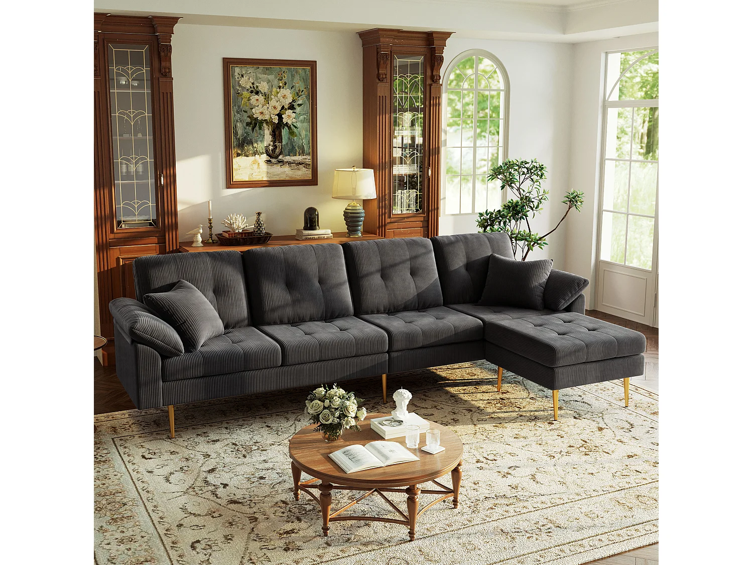 Canapé 4 places avec pouf modulable et pieds en métal - Velours côtelé - 250 x 70 x 87 cm - Gris foncé