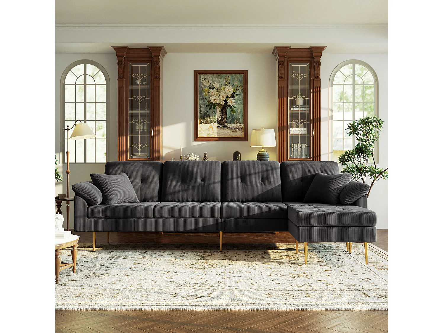 Canapé 4 places avec pouf modulable et pieds en métal - Velours côtelé - 250 x 70 x 87 cm - Gris foncé