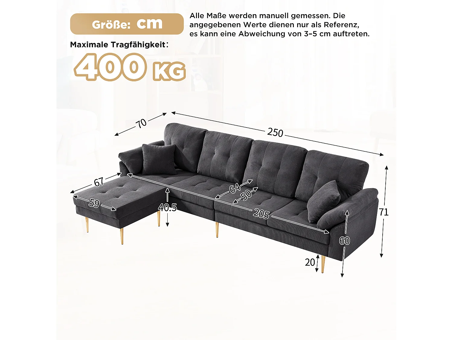 Canapé 4 places avec pouf modulable et pieds en métal - Velours côtelé - 250 x 70 x 87 cm - Gris foncé