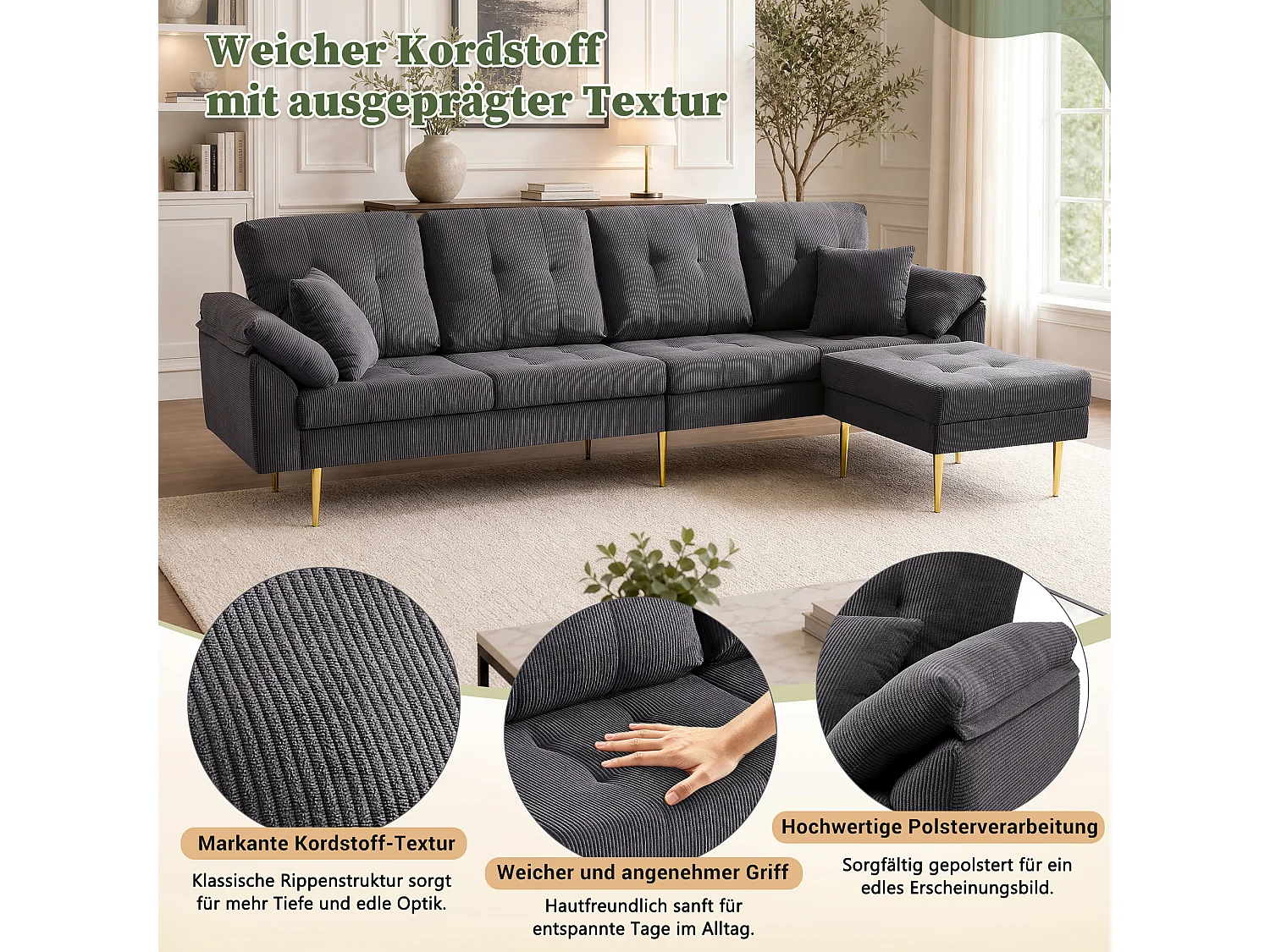 Canapé 4 places avec pouf modulable et pieds en métal - Velours côtelé - 250 x 70 x 87 cm - Gris foncé