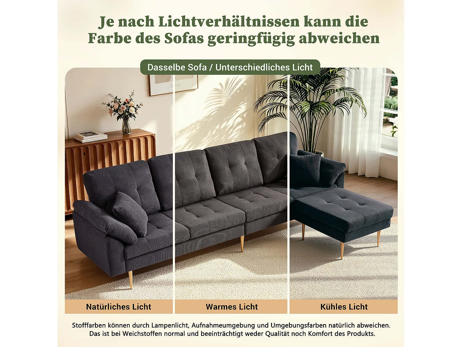 Canapé 4 places avec pouf modulable et pieds en métal - Velours côtelé - 250 x 70 x 87 cm - Gris foncé