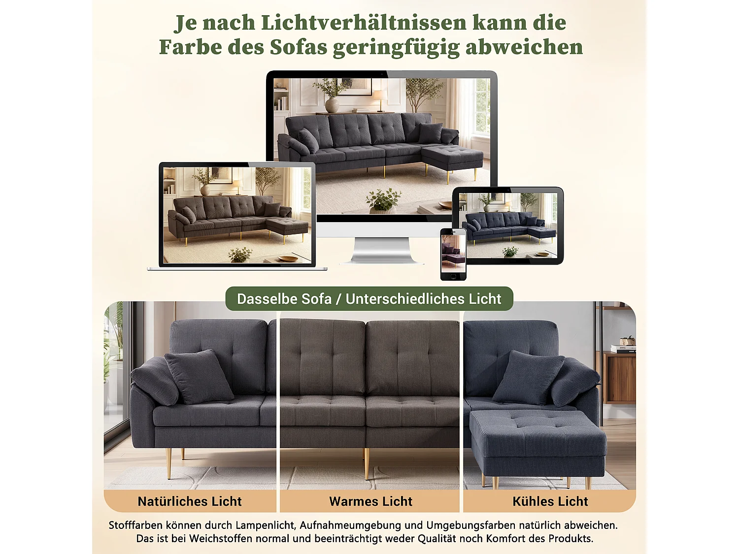 Canapé 4 places avec pouf modulable et pieds en métal - Velours côtelé - 250 x 70 x 87 cm - Gris foncé