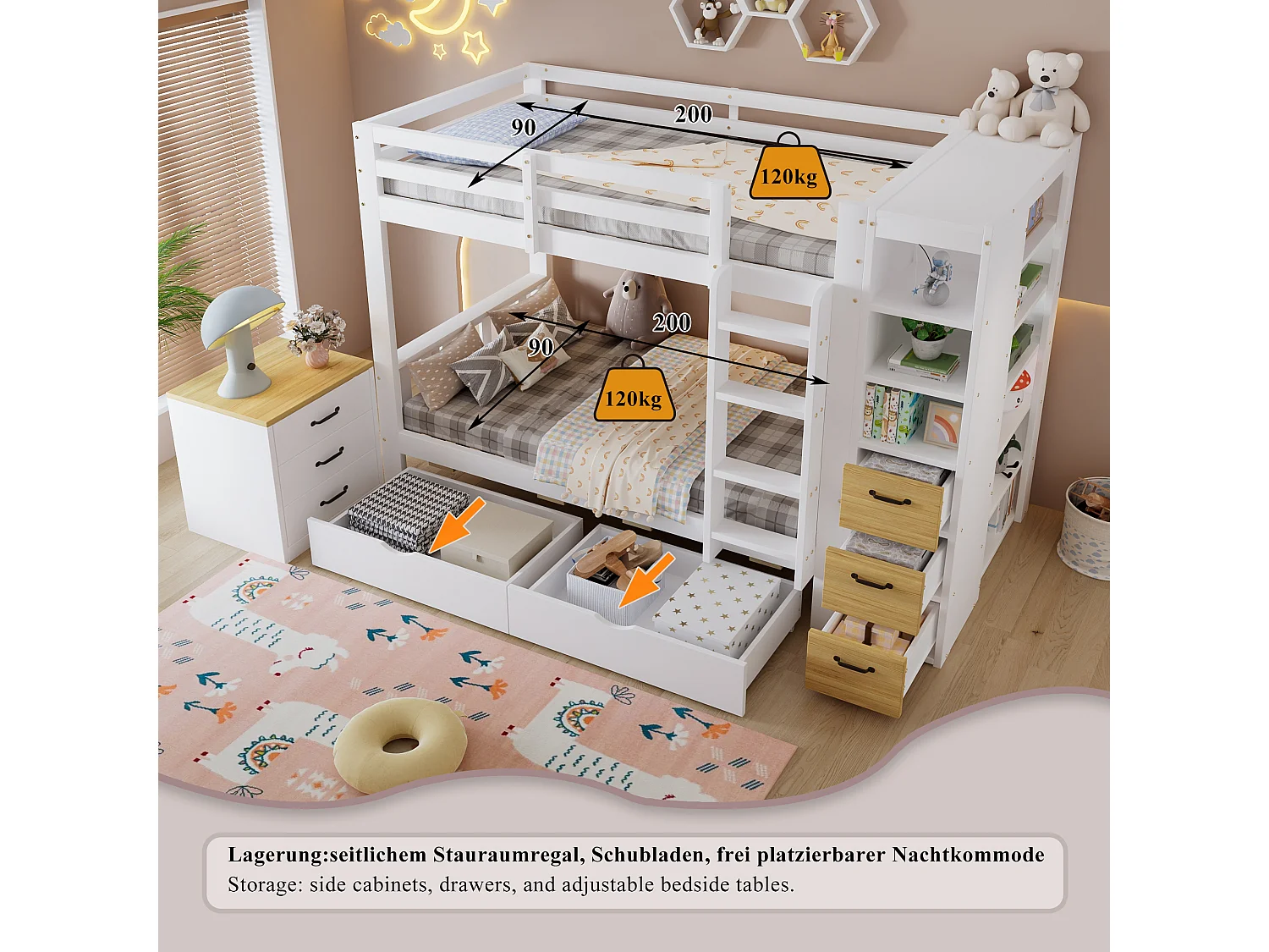 Łóżko piętrowe 2 x 90 x 200 cm z 5 szufladami, półkami i regulowaną szafką nocną - Sosna i MDF - Białe (materac nie jest wliczony w cenę)