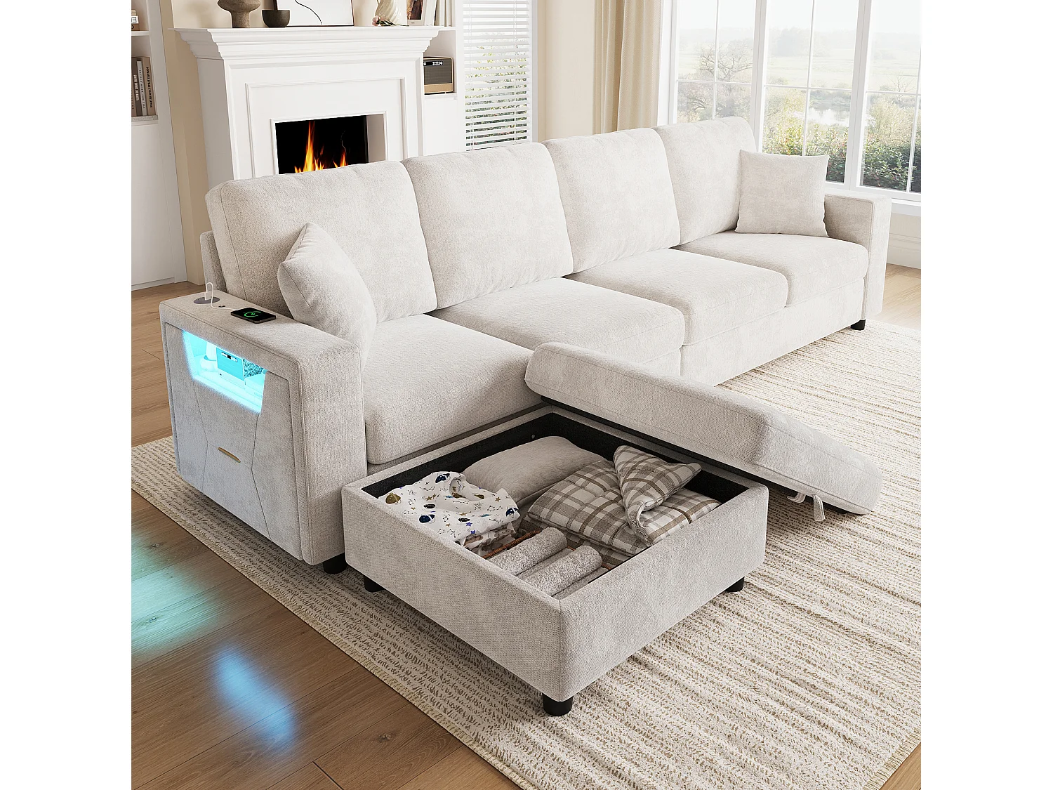 Bank met opbergpoef, opbergarmleuning, ledverlichting en USB/Type-C-aansluiting - Polyester - 282 x 153 x 82 cm - Beige