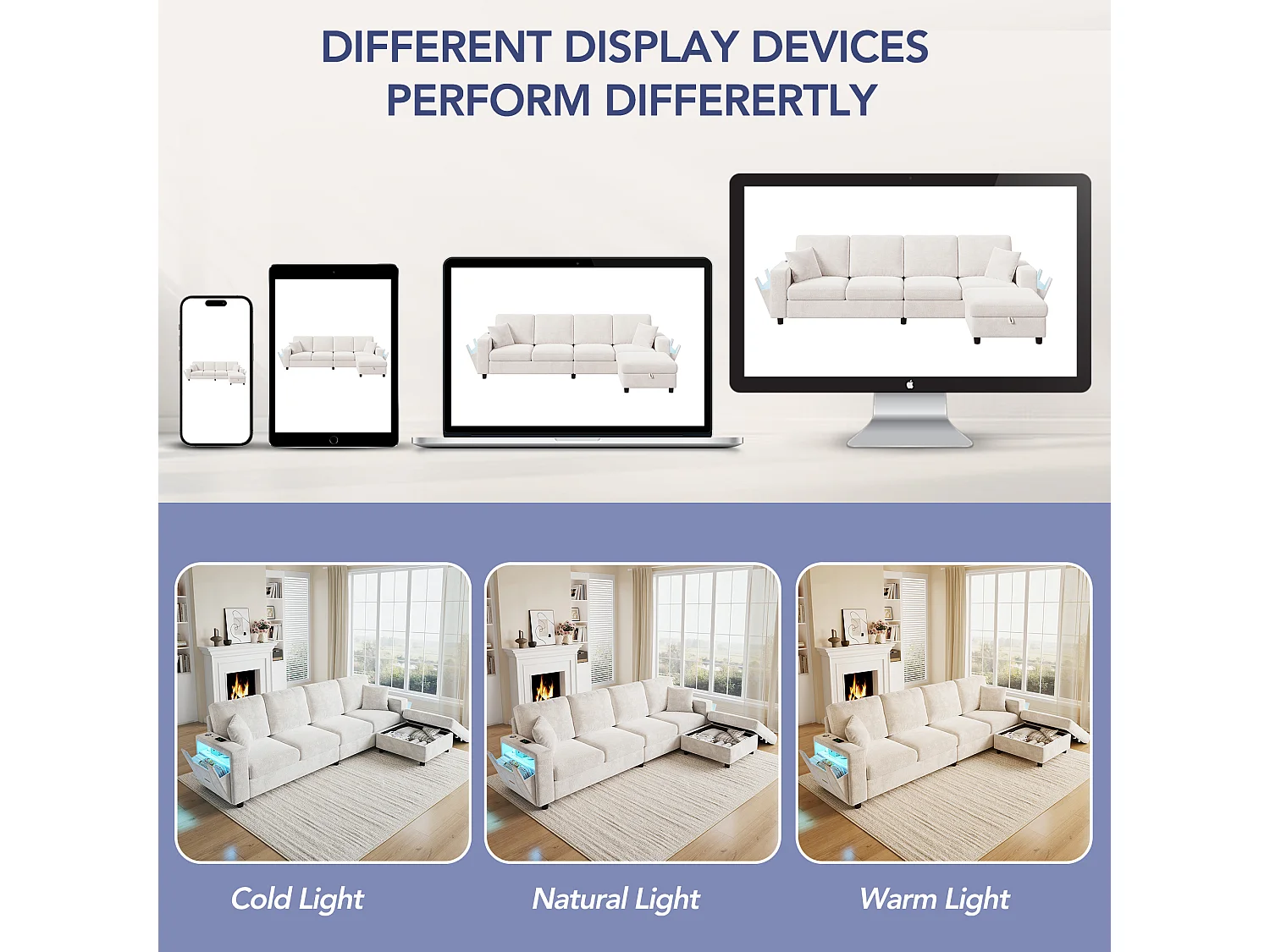 Bank met opbergpoef, opbergarmleuning, ledverlichting en USB/Type-C-aansluiting - Polyester - 282 x 153 x 82 cm - Beige