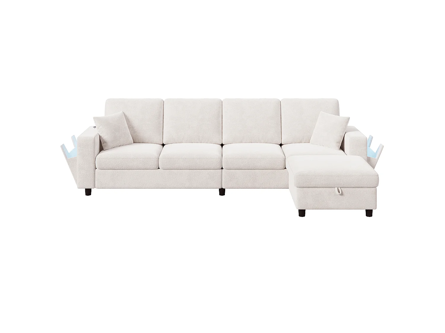 Bank met opbergpoef, opbergarmleuning, ledverlichting en USB/Type-C-aansluiting - Polyester - 282 x 153 x 82 cm - Beige