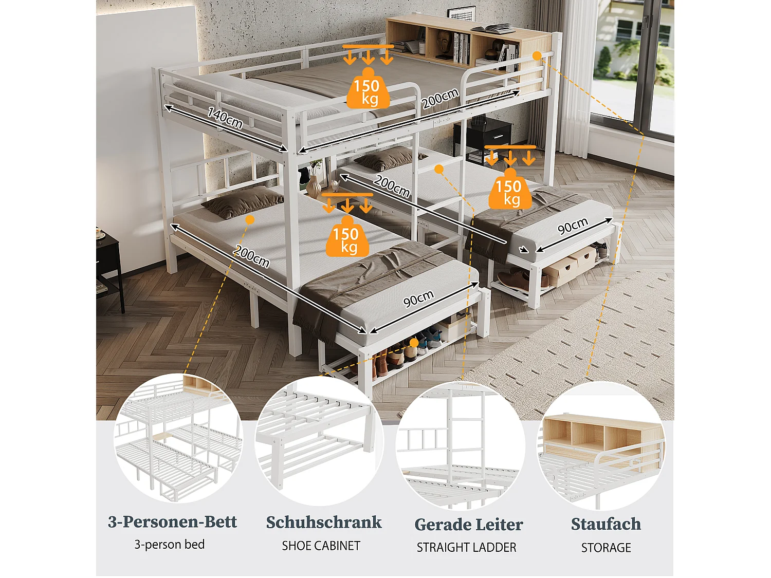 Łóżko piętrowe z 3 miejscami do spania (140 x 200 cm + 2 x 90 x 200 cm) z półkami - Metalowe - Białe (bez materacy)