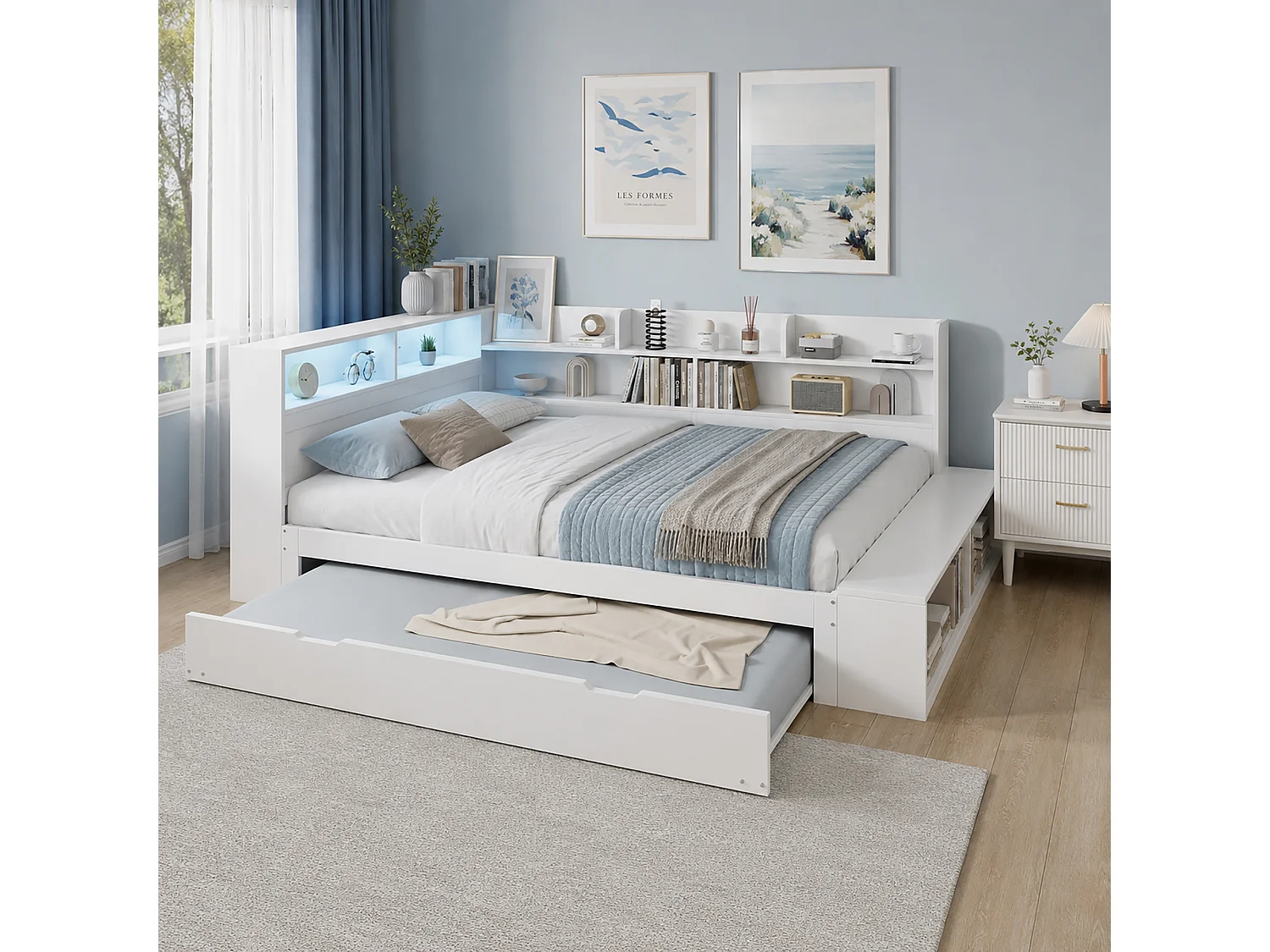 Letto estraibile 120 x 200 cm + 90 x 190 cm, contenitore, LED e porta di ricarica - Pino/PB/LVL - Bianco (materasso non incluso)