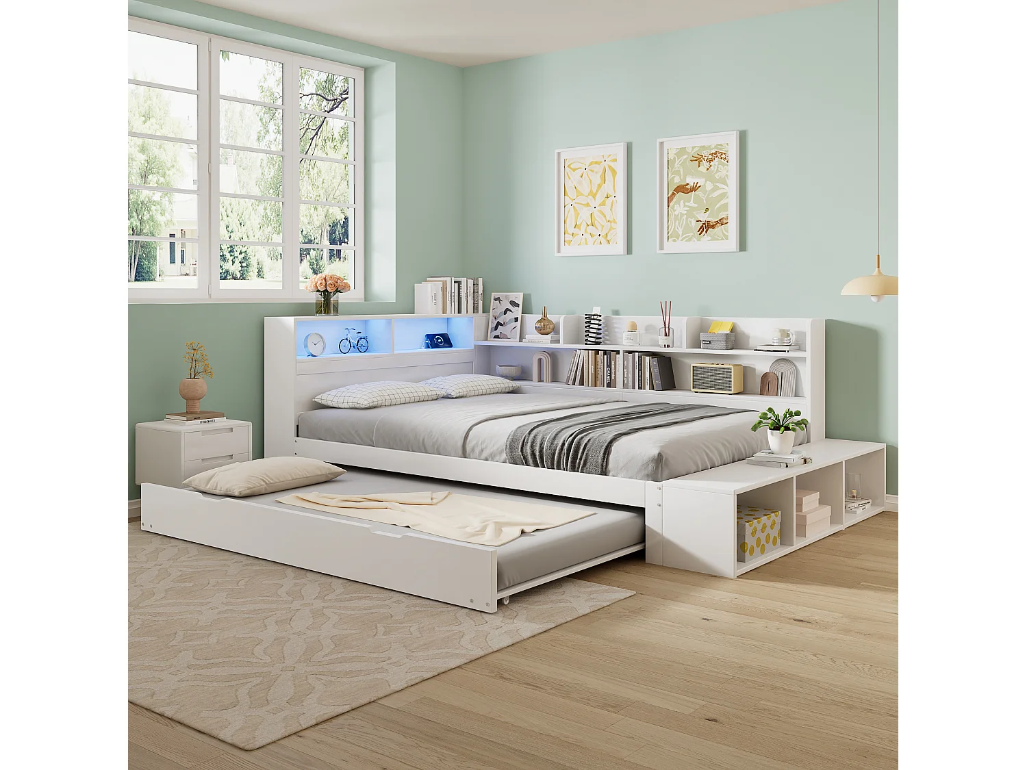 Letto estraibile 120 x 200 cm + 90 x 190 cm, contenitore, LED e porta di ricarica - Pino/PB/LVL - Bianco (materasso non incluso)