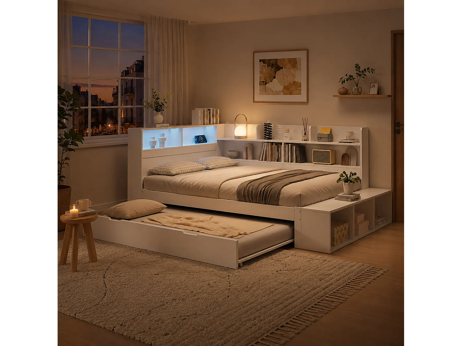 Letto estraibile 120 x 200 cm + 90 x 190 cm, contenitore, LED e porta di ricarica - Pino/PB/LVL - Bianco (materasso non incluso)