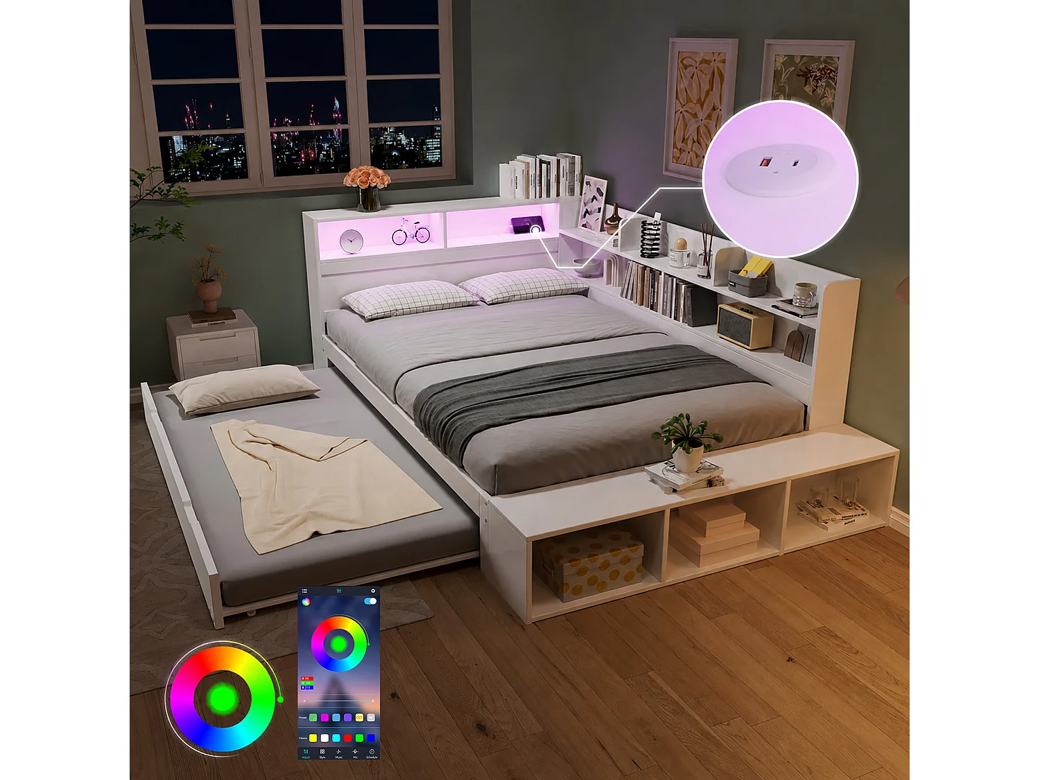 Letto estraibile 120 x 200 cm + 90 x 190 cm, contenitore, LED e porta di ricarica - Pino/PB/LVL - Bianco (materasso non incluso)