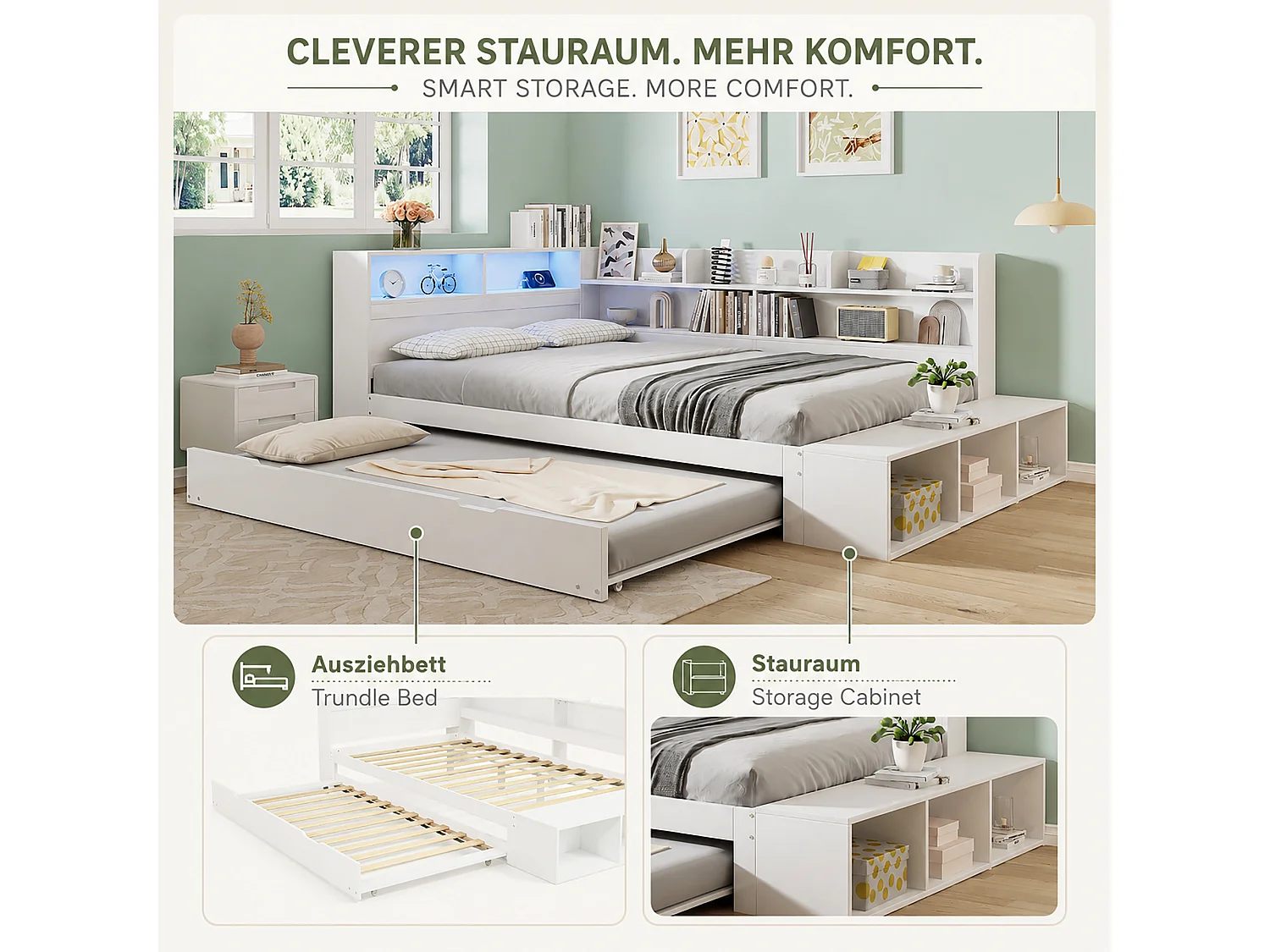 Letto estraibile 120 x 200 cm + 90 x 190 cm, contenitore, LED e porta di ricarica - Pino/PB/LVL - Bianco (materasso non incluso)