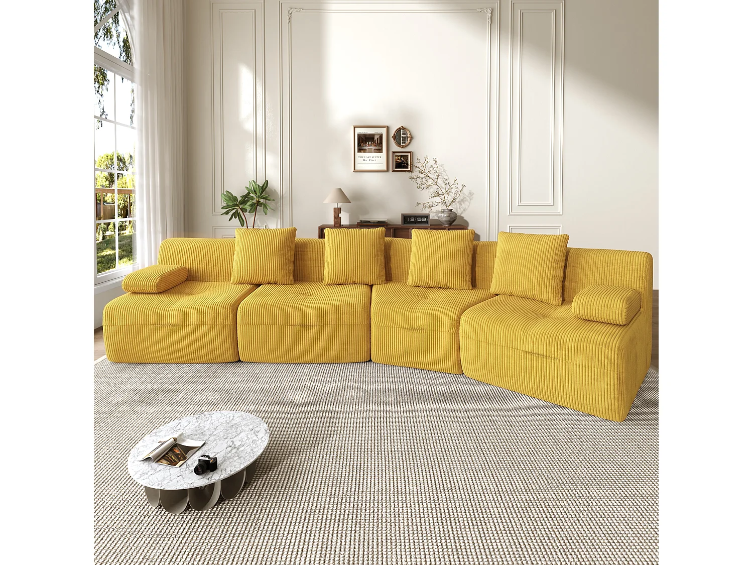 Canapé modulable 4 places avec 4 modules indépendants, sans montage - Velours côtelé - 311 x 90 x 65 cm - Jaune