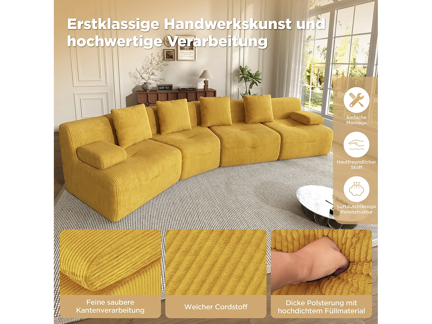 Canapé modulable 4 places avec 4 modules indépendants, sans montage - Velours côtelé - 311 x 90 x 65 cm - Jaune