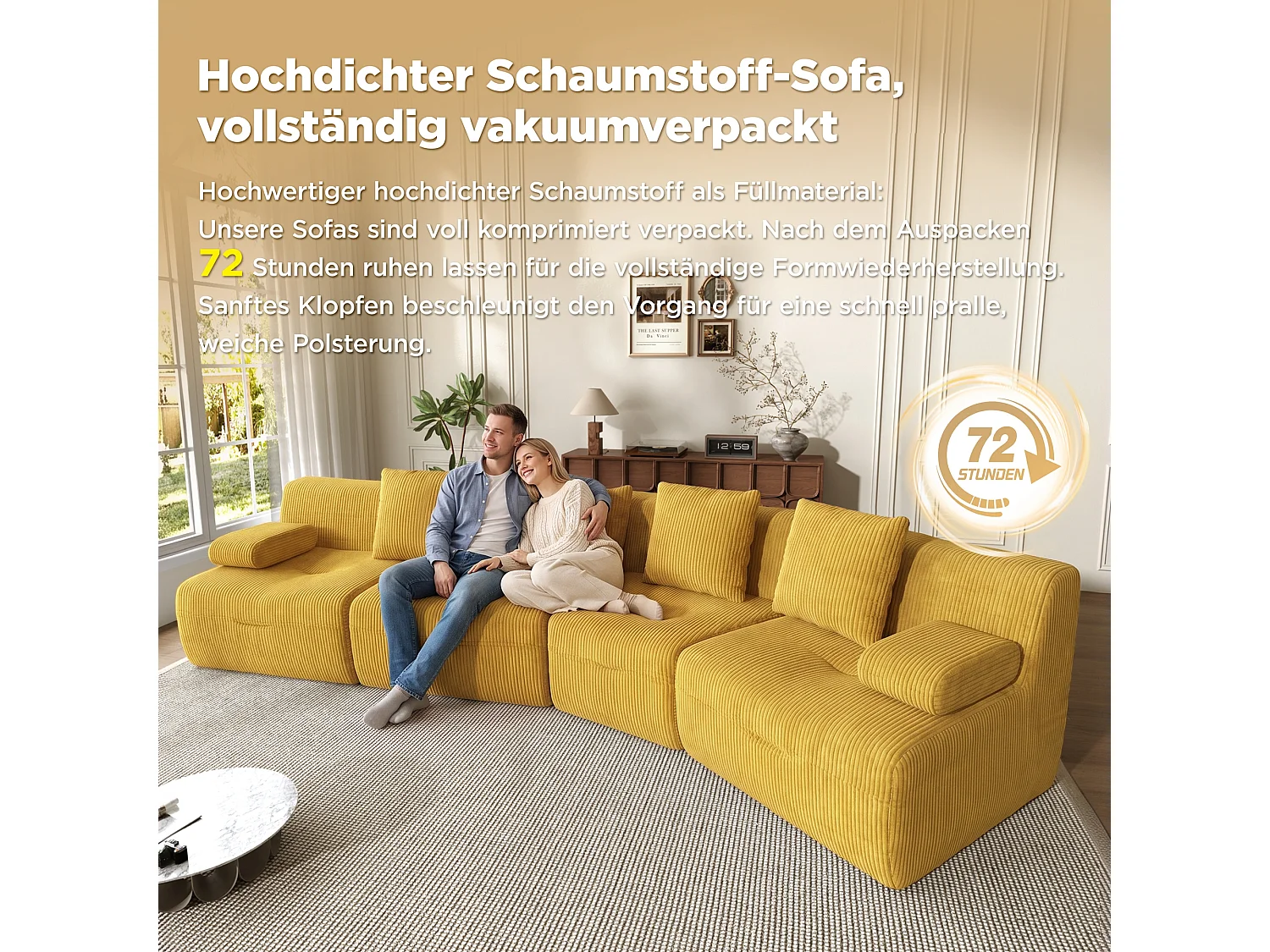 Canapé modulable 4 places avec 4 modules indépendants, sans montage - Velours côtelé - 311 x 90 x 65 cm - Jaune