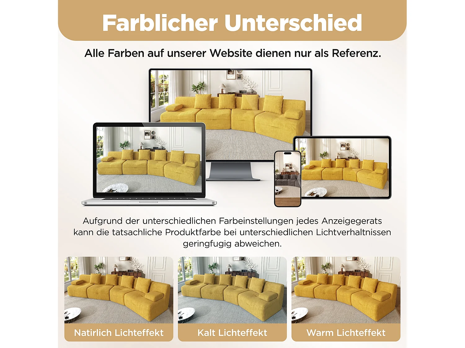 Canapé modulable 4 places avec 4 modules indépendants, sans montage - Velours côtelé - 311 x 90 x 65 cm - Jaune