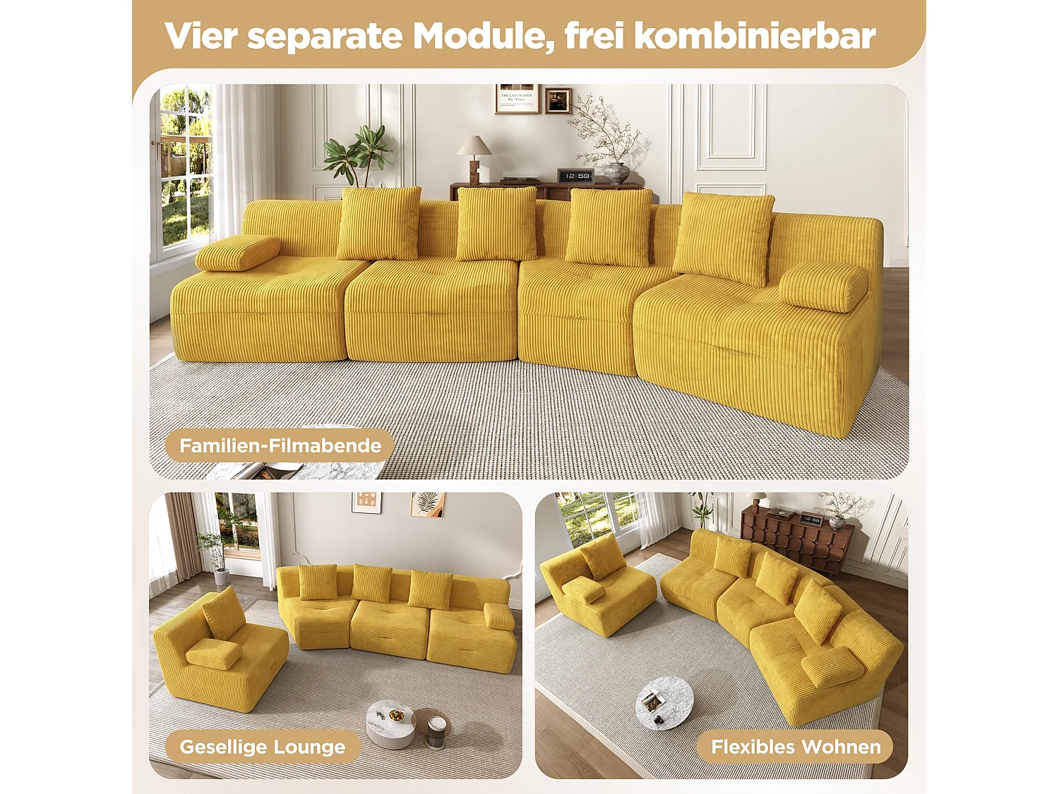 Canapé modulable 4 places avec 4 modules indépendants, sans montage - Velours côtelé - 311 x 90 x 65 cm - Jaune