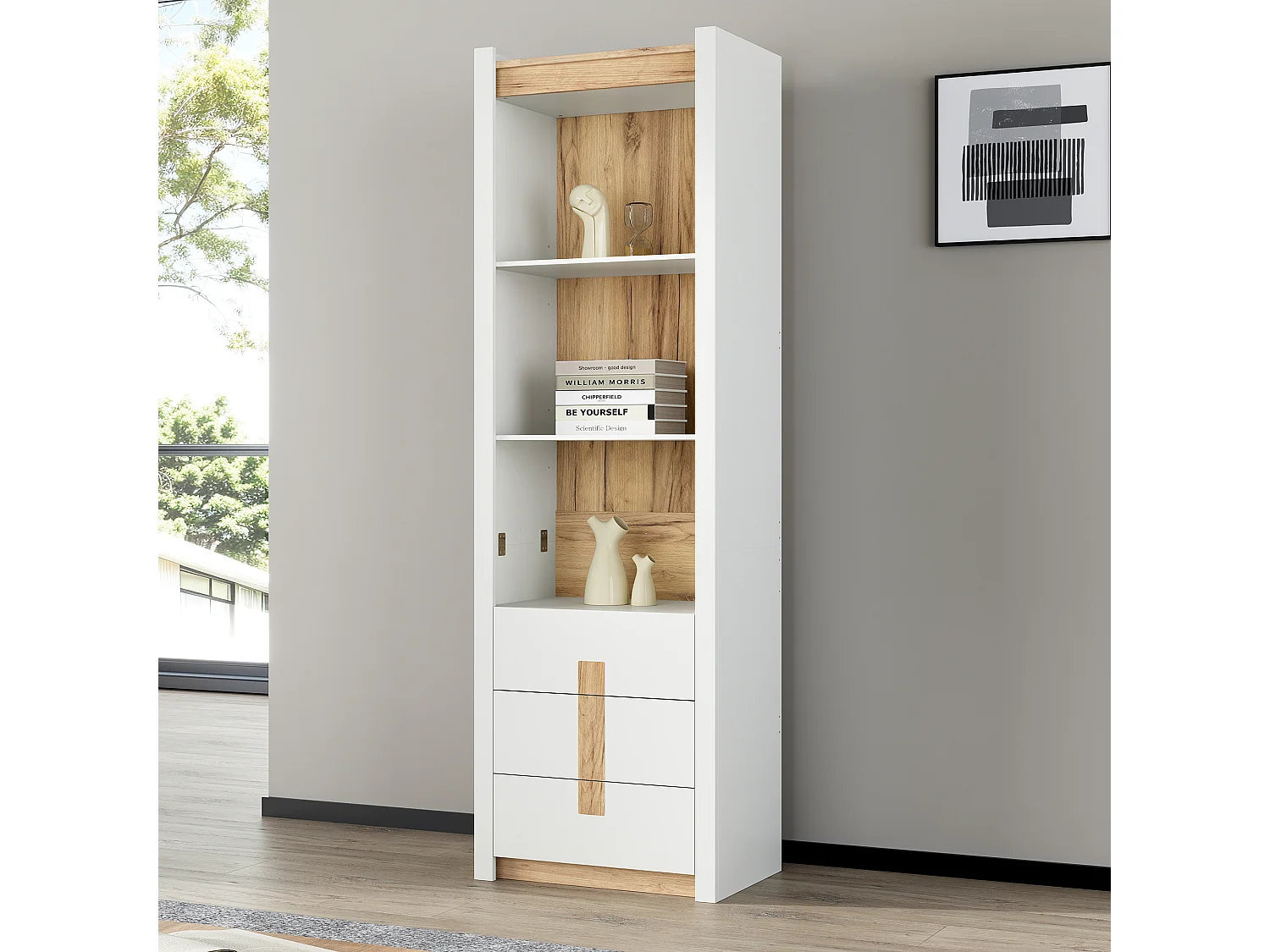 Vitrine avec LED, 3 compartiments et 3 tiroirs - Panneaux de particules - 63 x 41,5 x 200 cm - Blanc et aspect bois naturel