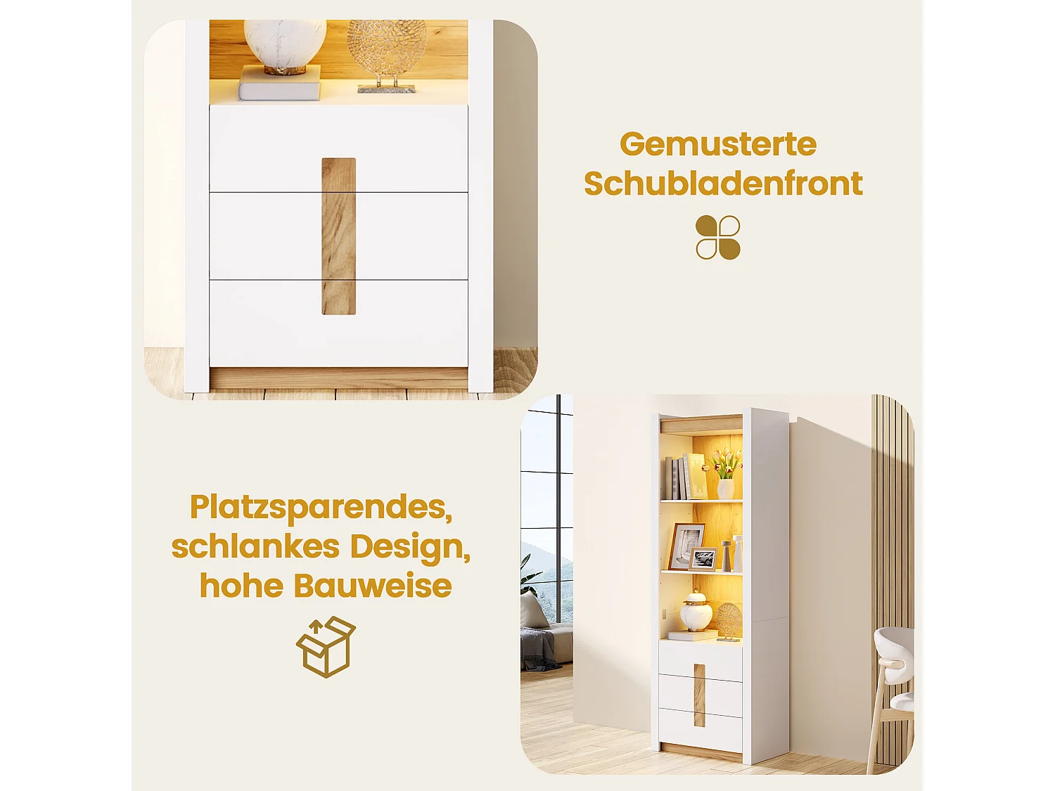Vitrine avec LED, 3 compartiments et 3 tiroirs - Panneaux de particules - 63 x 41,5 x 200 cm - Blanc et aspect bois naturel