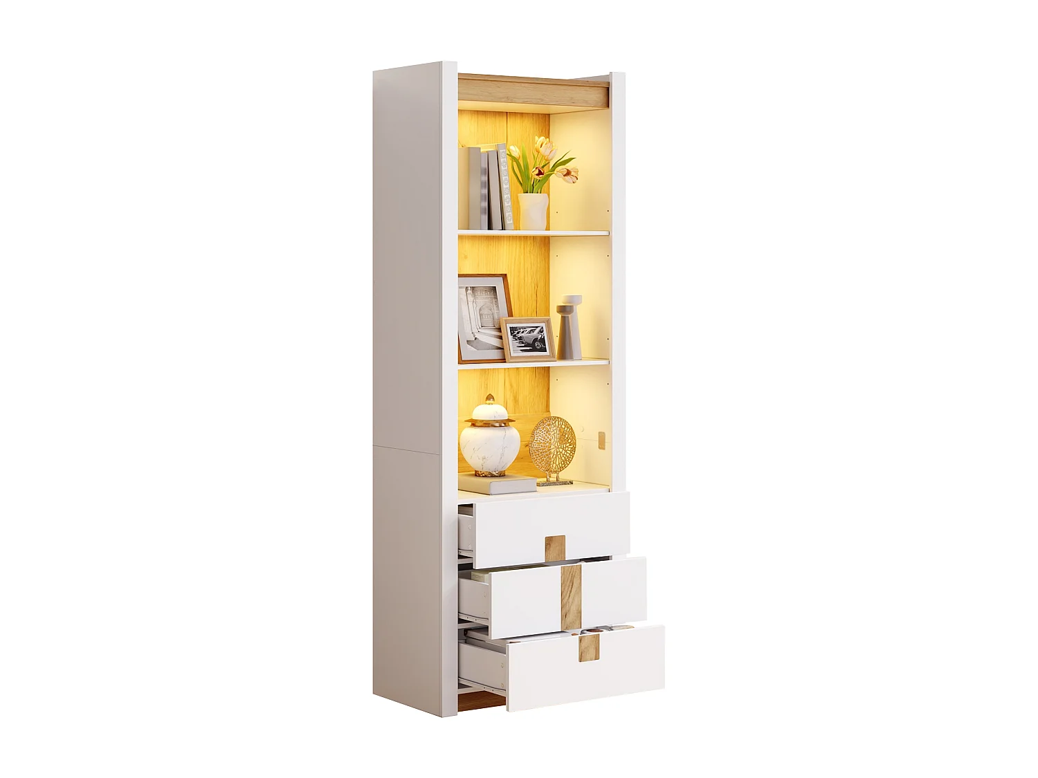 Vitrine avec LED, 3 compartiments et 3 tiroirs - Panneaux de particules - 63 x 41,5 x 200 cm - Blanc et aspect bois naturel