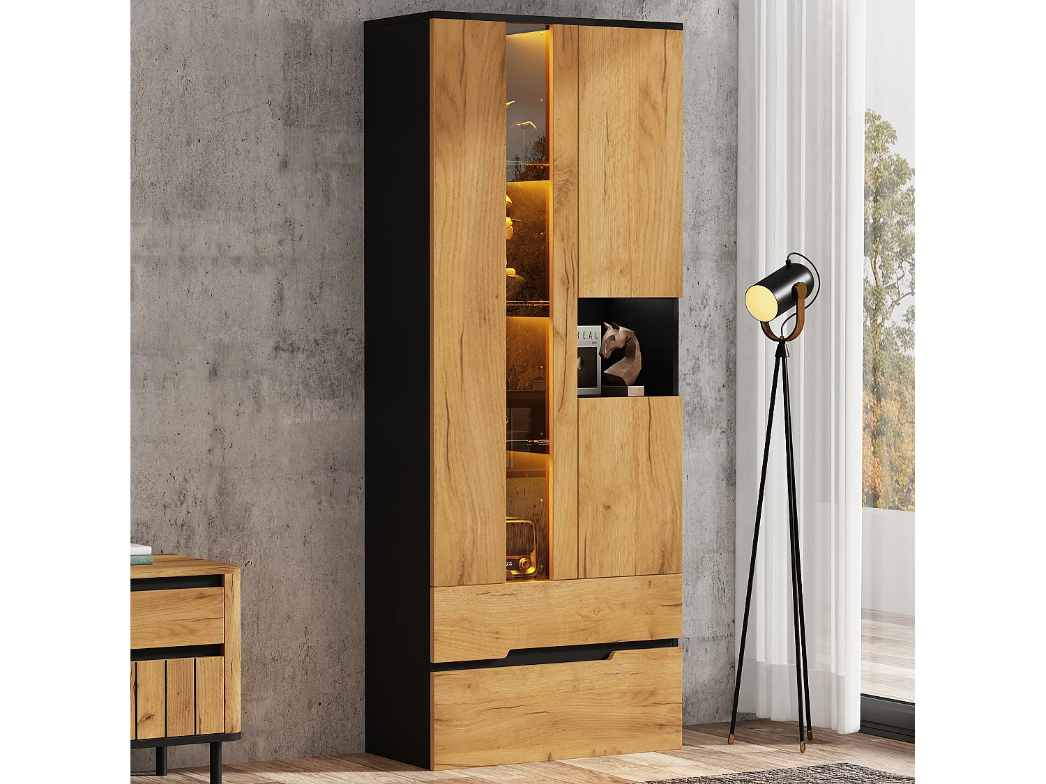 Vitrine avec LED, 3 portes vitrées, 2 tiroirs et compartiment ouvert - MDF et verre trempé - 70 x 35 x 180 cm - Aspect bois et noir
