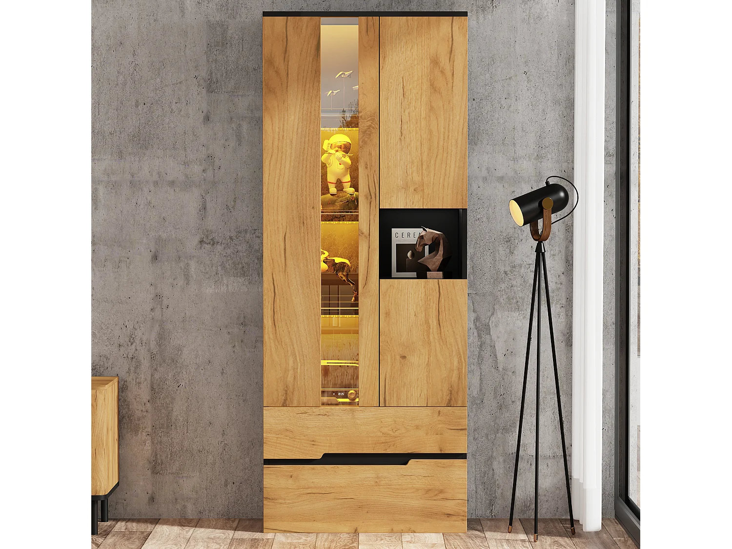 Vitrine avec LED, 3 portes vitrées, 2 tiroirs et compartiment ouvert - MDF et verre trempé - 70 x 35 x 180 cm - Aspect bois et noir