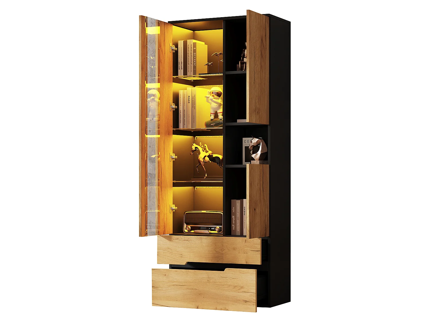 Vitrine avec LED, 3 portes vitrées, 2 tiroirs et compartiment ouvert - MDF et verre trempé - 70 x 35 x 180 cm - Aspect bois et noir