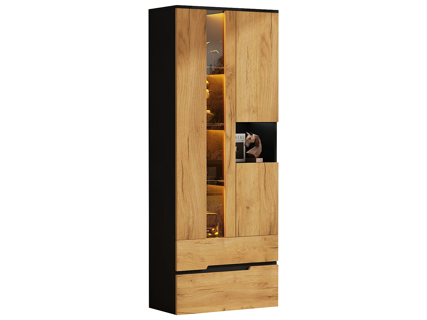 Vitrine avec LED, 3 portes vitrées, 2 tiroirs et compartiment ouvert - MDF et verre trempé - 70 x 35 x 180 cm - Aspect bois et noir
