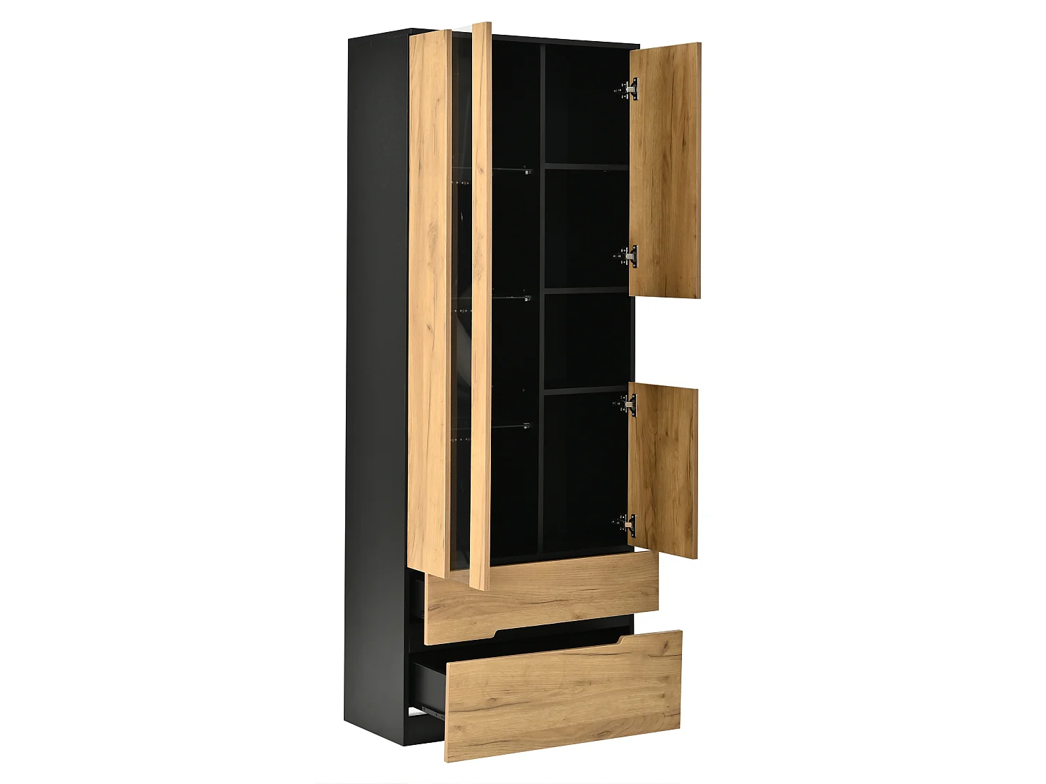 Vitrine avec LED, 3 portes vitrées, 2 tiroirs et compartiment ouvert - MDF et verre trempé - 70 x 35 x 180 cm - Aspect bois et noir
